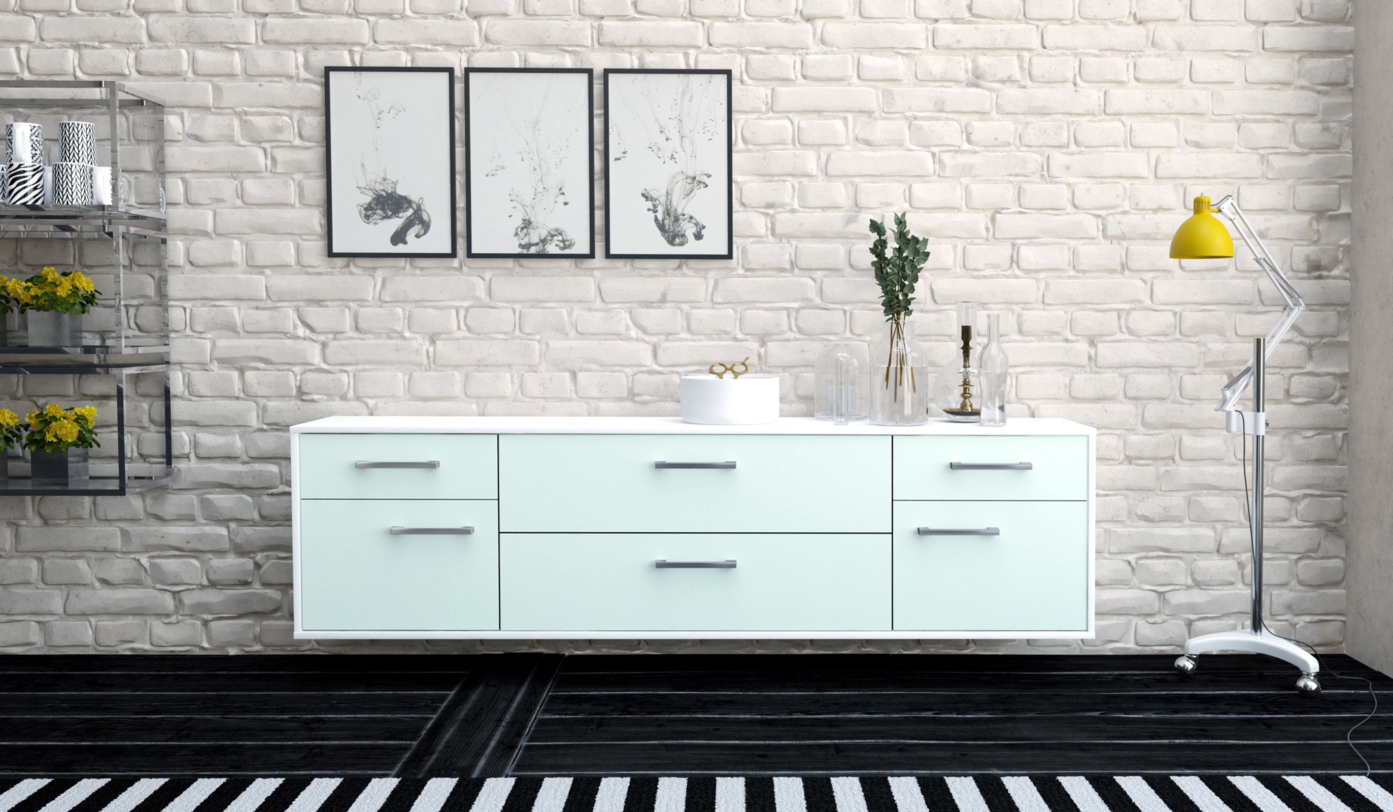 Lowboard - Bibiane - Design Farbakzent - Wandmontage mit Griffe 180 cm Weiss