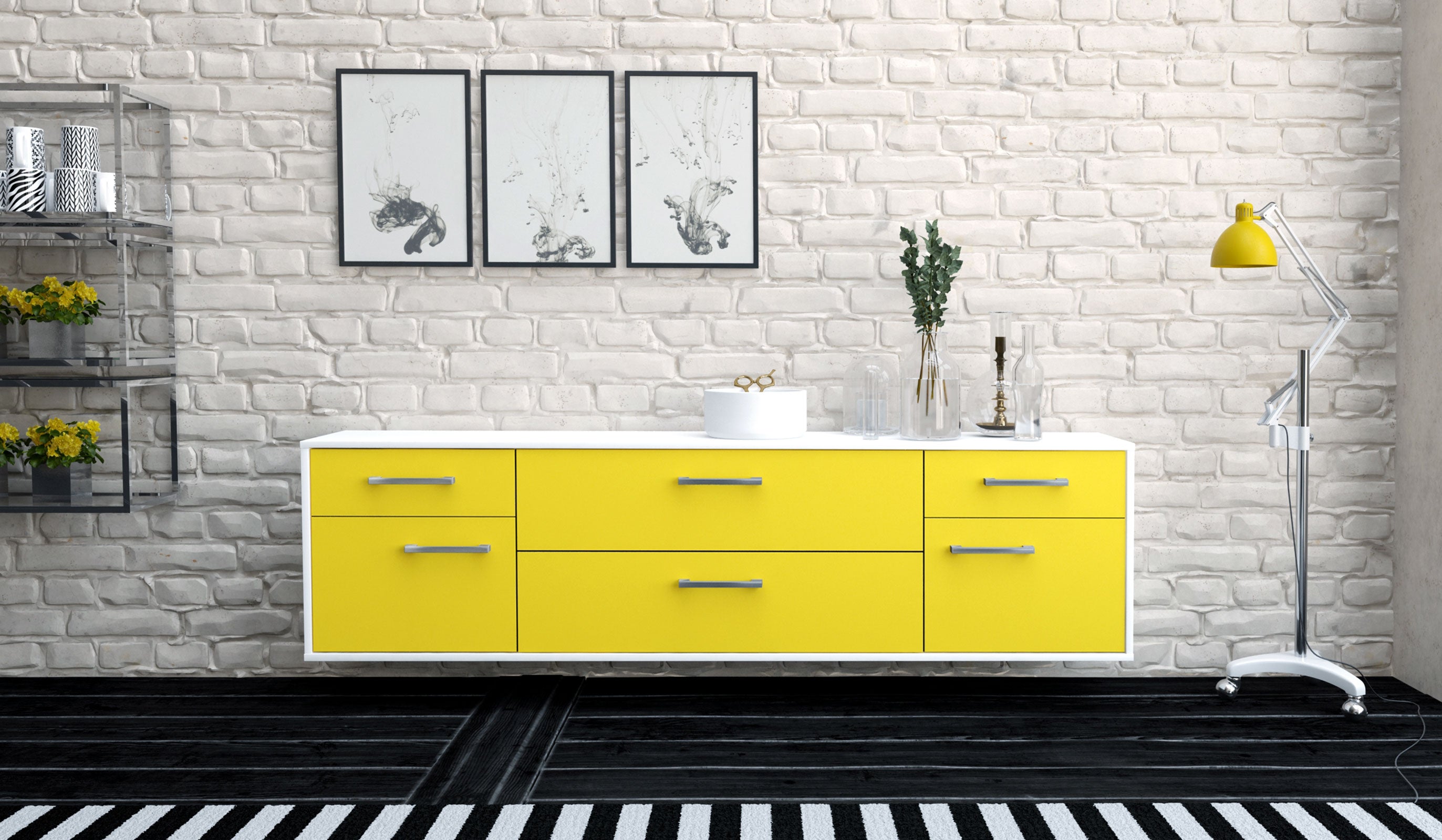 Lowboard - Bibiane - Design Farbakzent - Wandmontage mit Griffe 180 cm Weiss