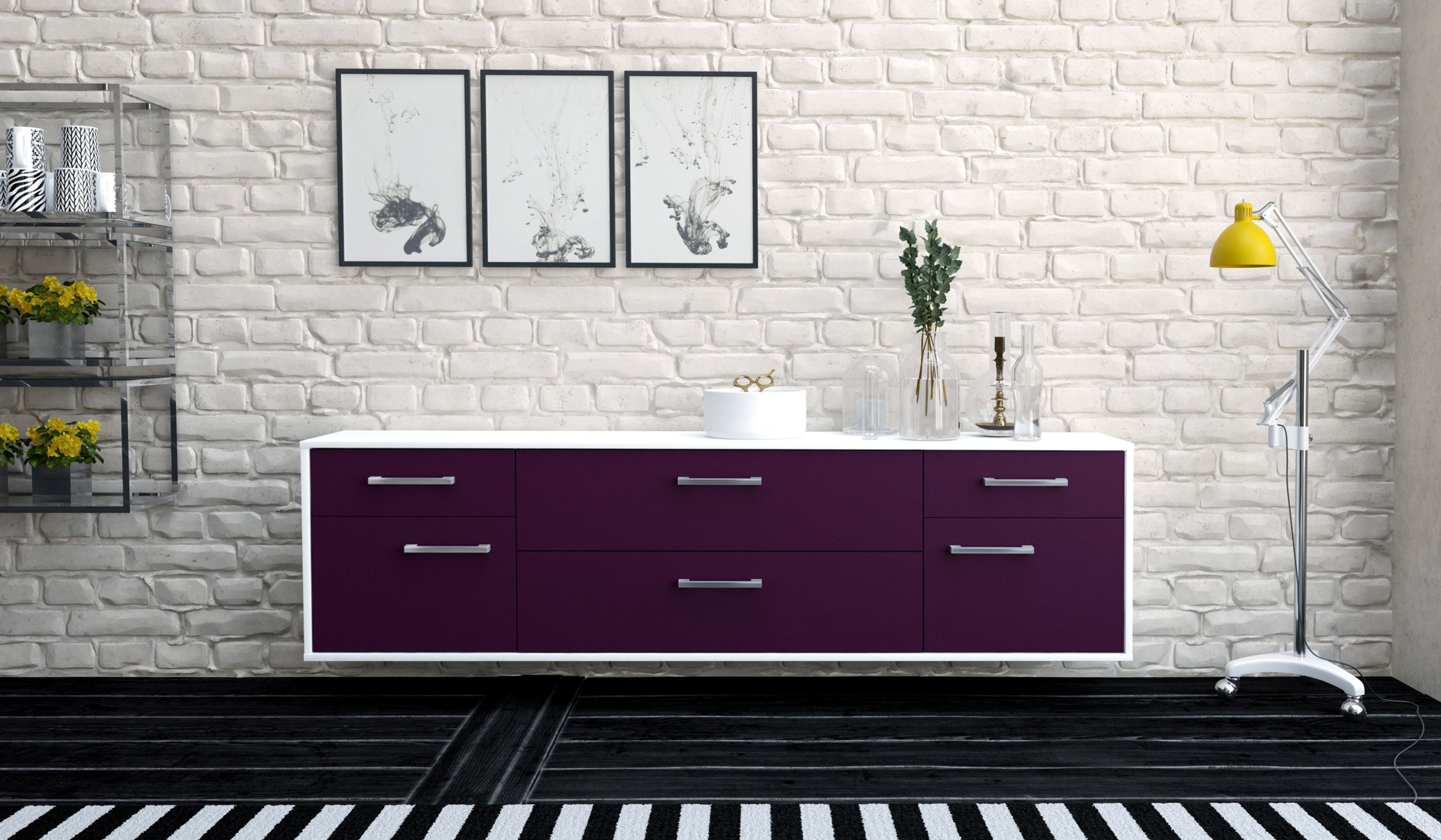 Lowboard - Bibiane - Design Farbakzent - Wandmontage mit Griffe 180 cm Weiss