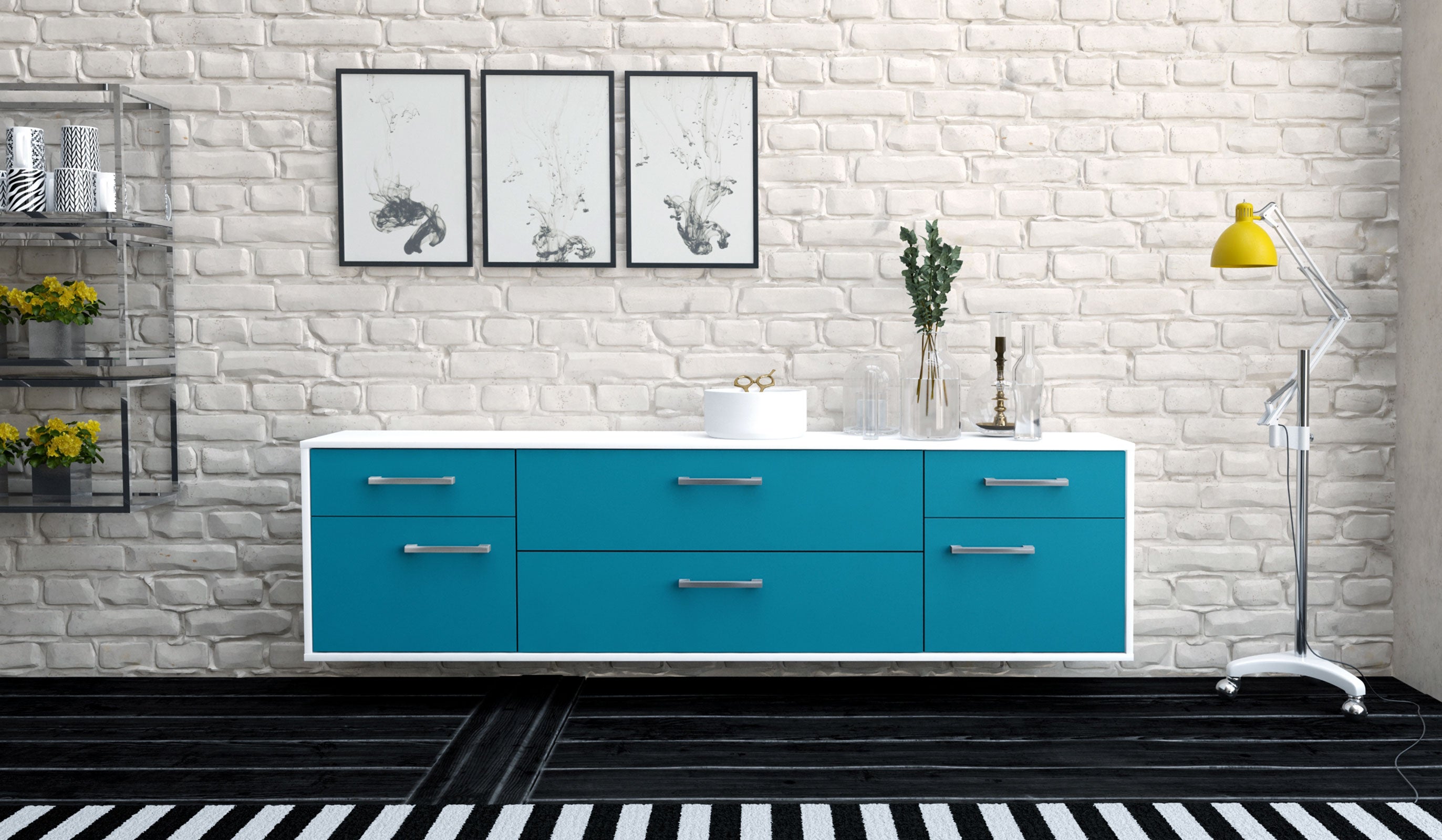 Lowboard - Bibiane - Design Farbakzent - Wandmontage mit Griffe 180 cm Weiss