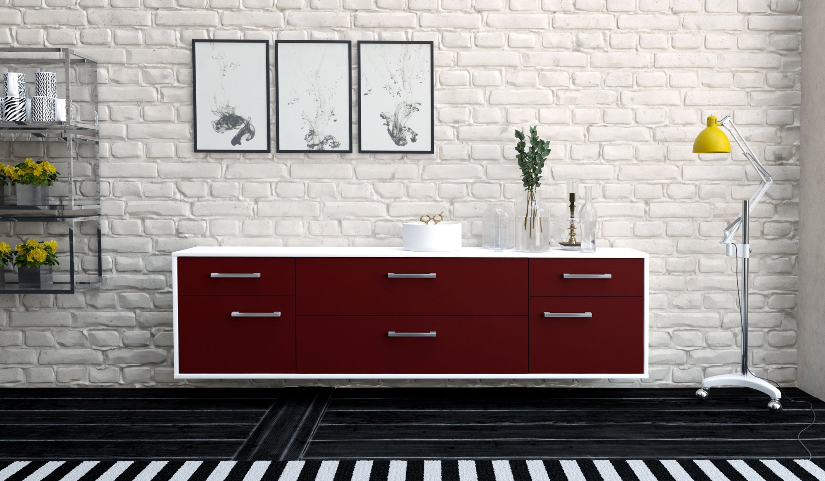 Lowboard - Bibiane - Design Farbakzent - Wandmontage mit Griffe 180 cm Weiss