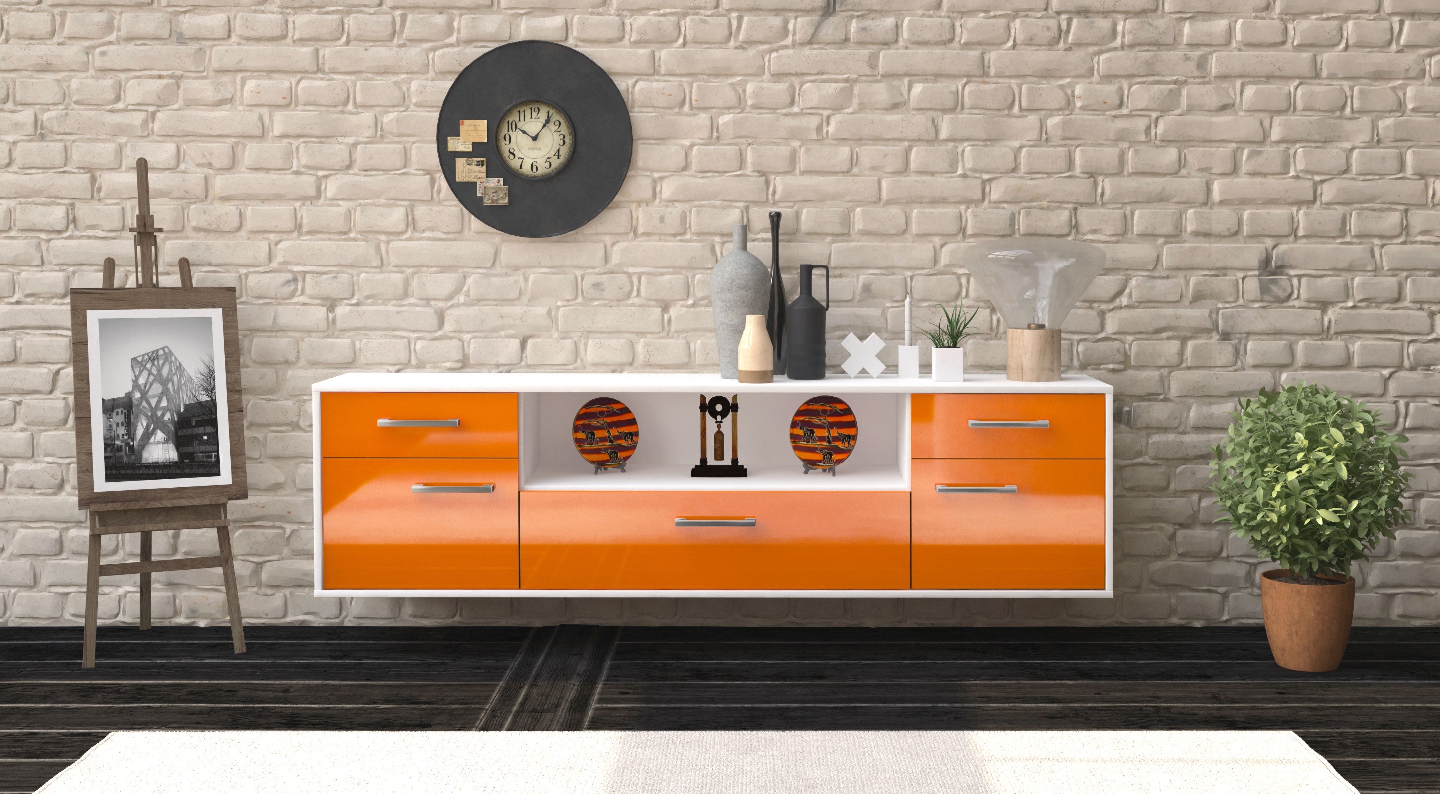 Lowboard - Biggi - Design Hochglanz - Wandmontage mit Griffe 180 cm Weiss