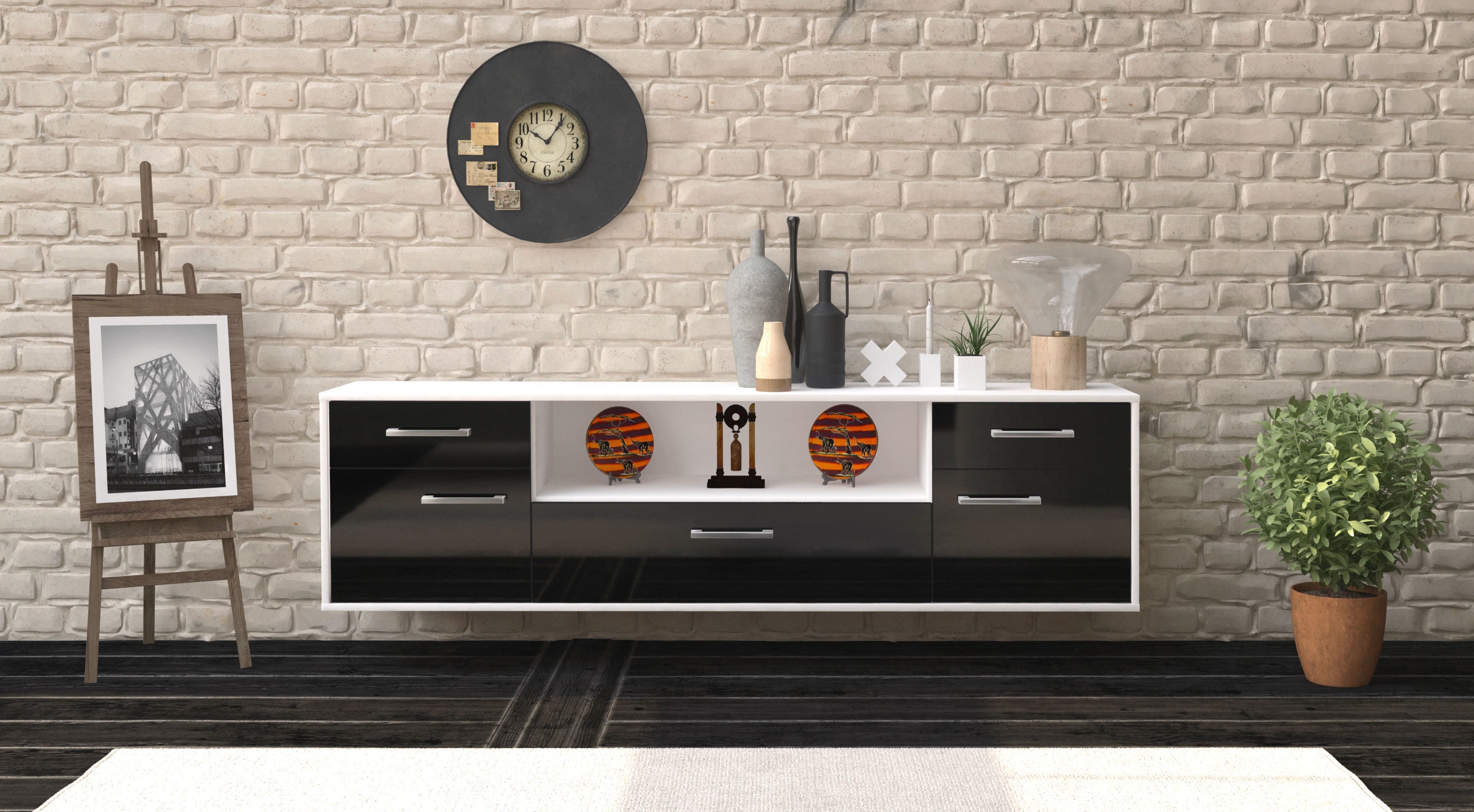 Lowboard - Biggi - Design Hochglanz - Wandmontage mit Griffe 180 cm Weiss