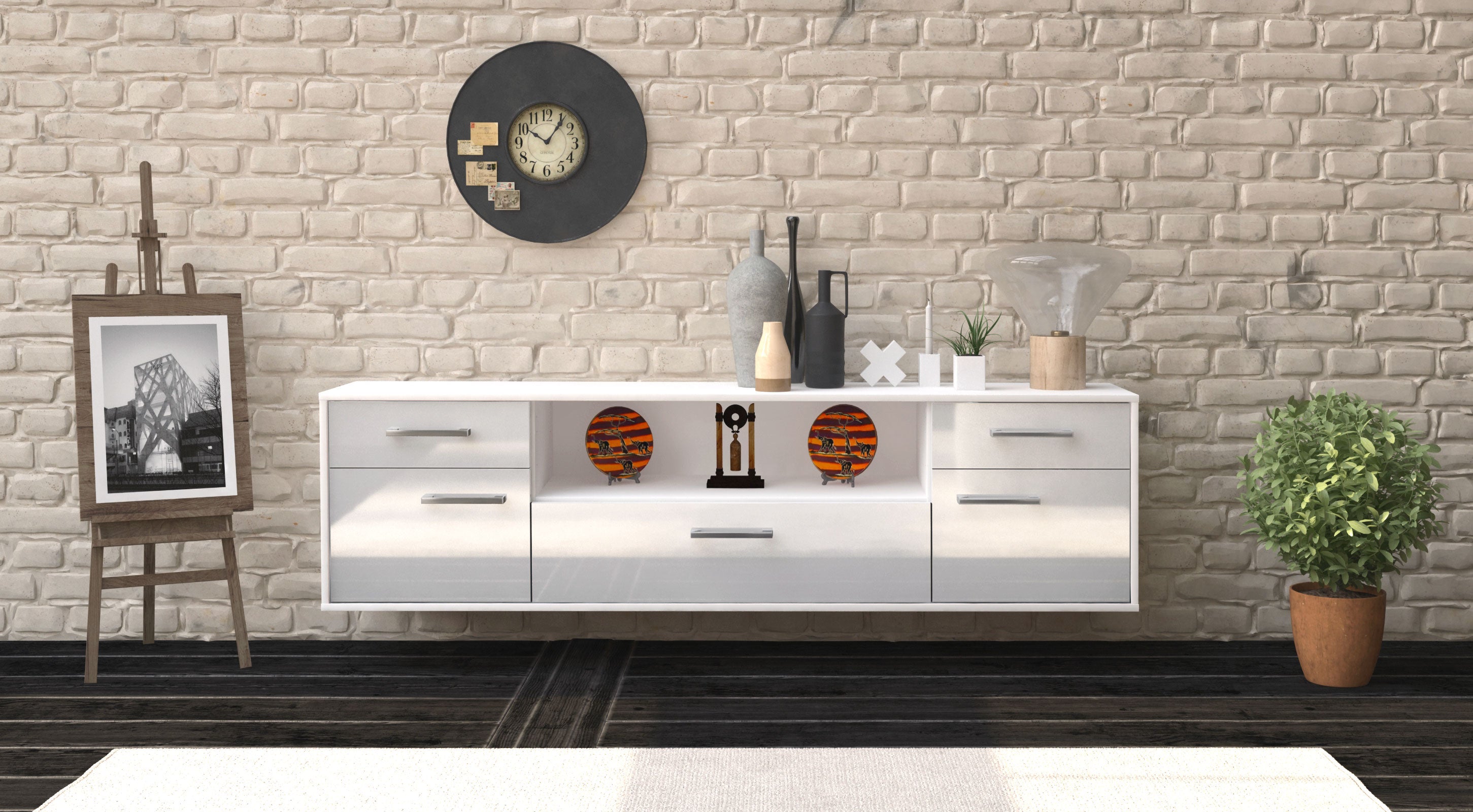 Lowboard - Biggi - Design Hochglanz - Wandmontage mit Griffe 180 cm Weiss