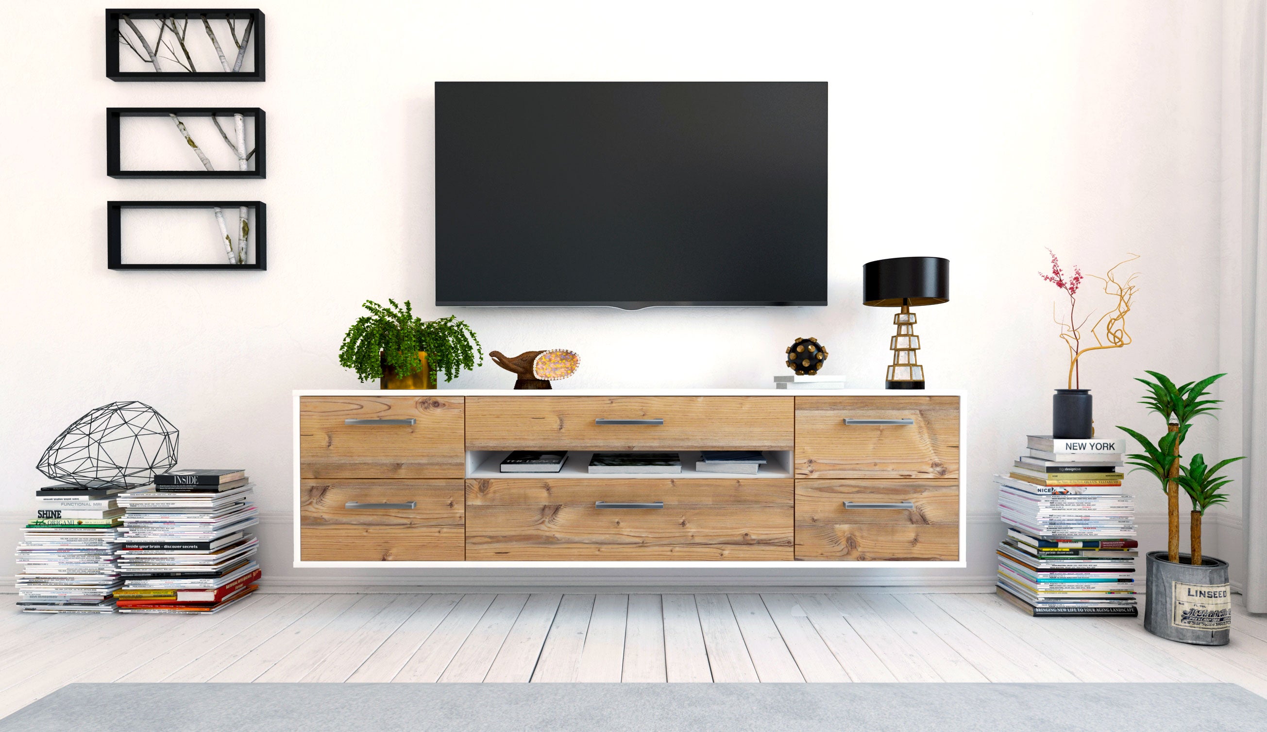 Lowboard - Bjonda - Design Holzdekor - Wandmontage mit Griffe 180 cm Weiss