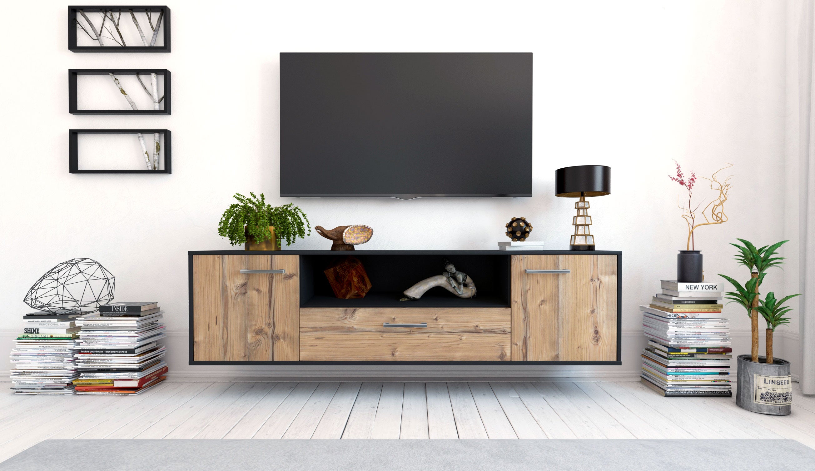 Lowboard - Arbnora - Design Holzdekor - Wandmontage mit Griffe 180 cm Anthrazit