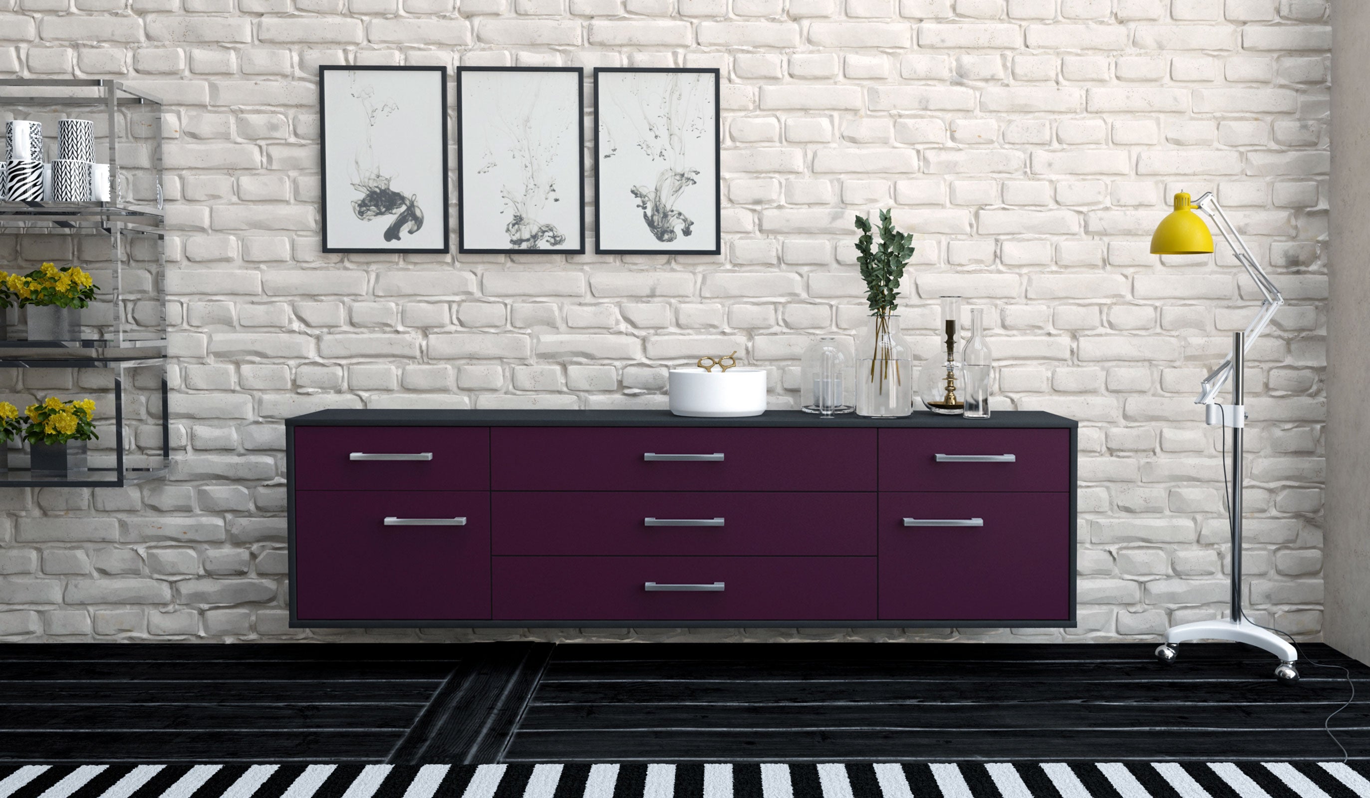 Lowboard - Benita - Design Farbakzent - Wandmontage mit Griffe 180 cm Anthrazit