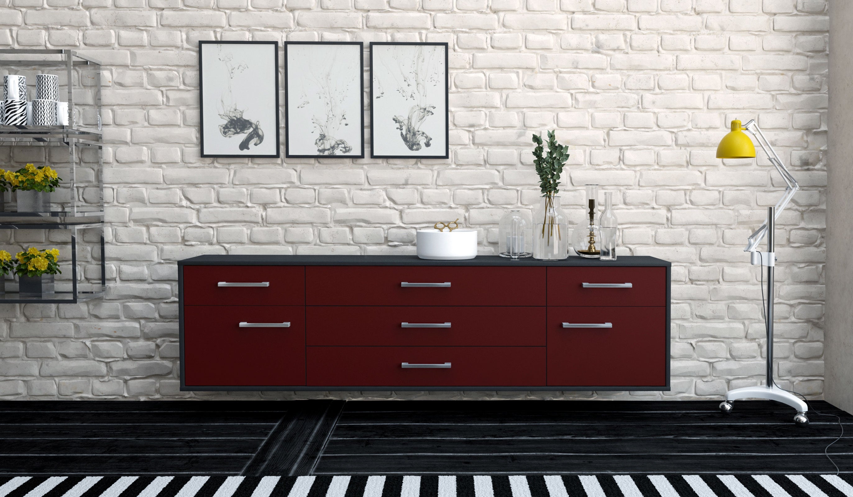 Lowboard - Benita - Design Farbakzent - Wandmontage mit Griffe 180 cm Anthrazit