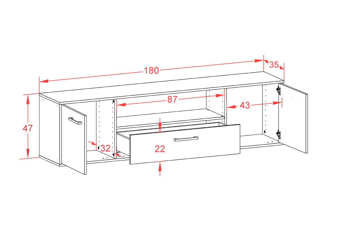 Lowboard - Arbnora - Design Farbakzent - Wandmontage mit Griffe 180 cm Weiss