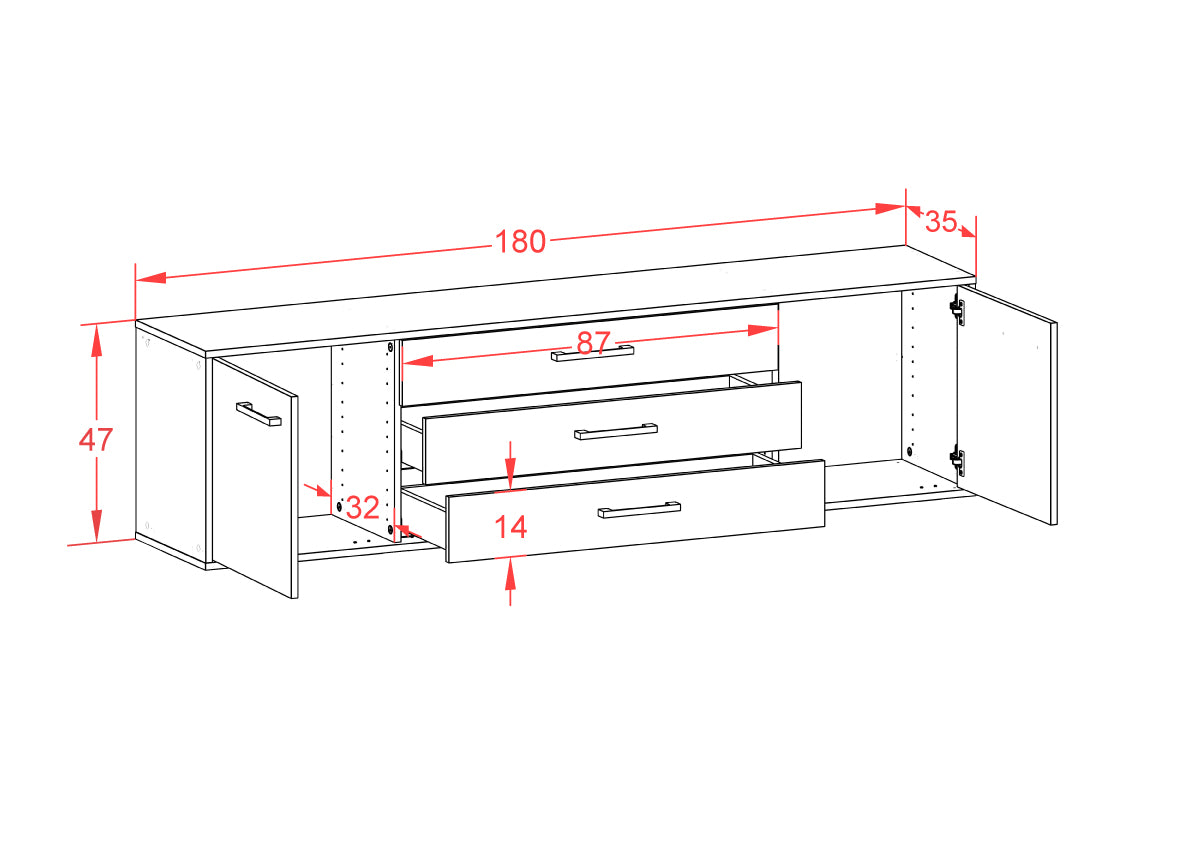 Lowboard - Ariella - Design Holzdekor - Wandmontage mit Griffe 180 cm Anthrazit