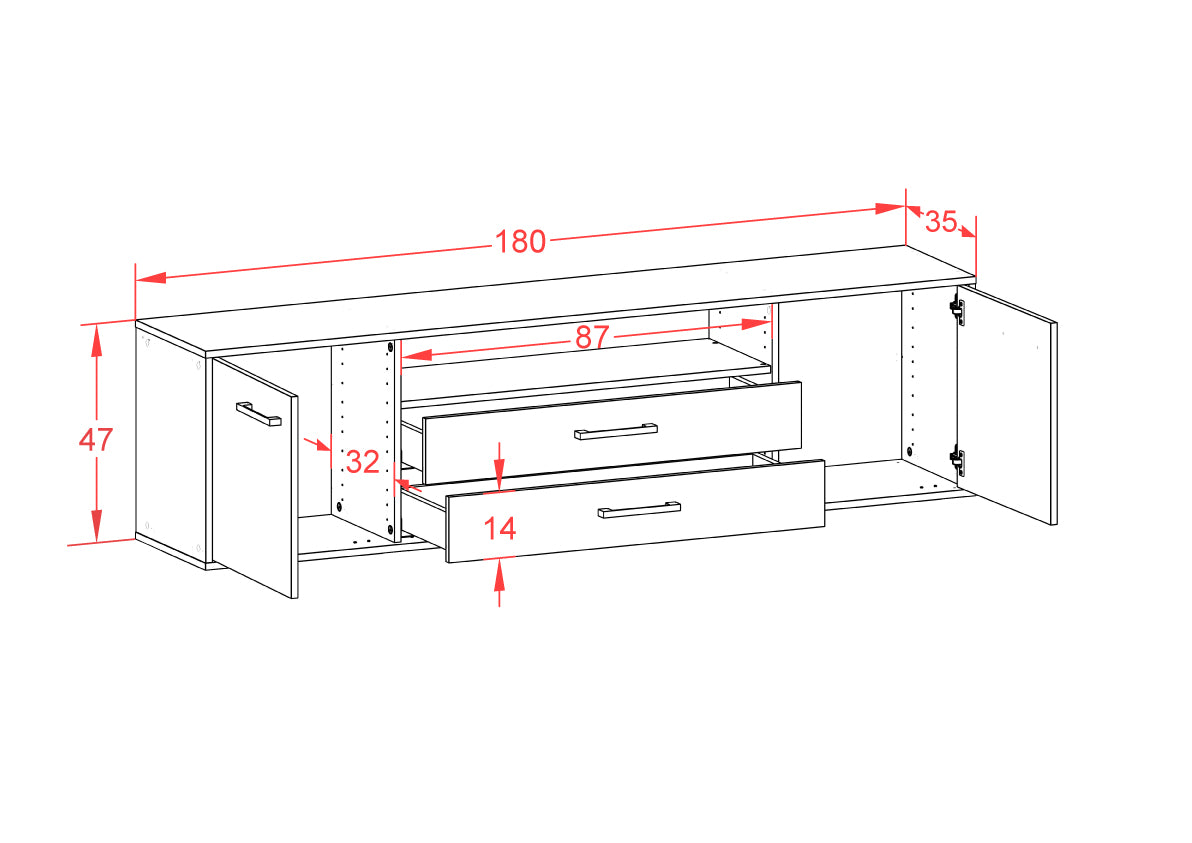 Lowboard - Armanda - Design Hochglanz - Wandmontage mit Griffe 180 cm Weiss