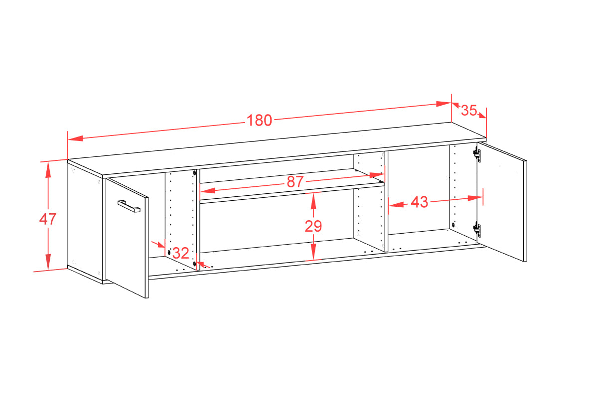 Lowboard - Asia - Design Farbakzent - Wandmontage mit Griffe 180 cm Weiss