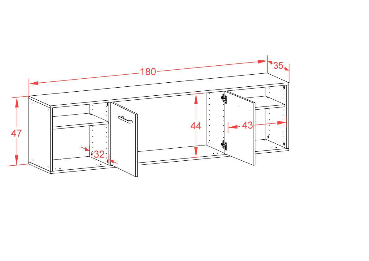 Lowboard - Asimo - Design Holzdekor - Wandmontage mit Griffe 180 cm Weiss