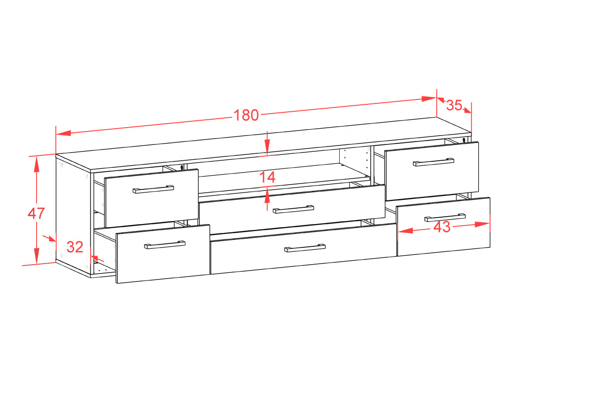 Lowboard - Aurora - Design Holzdekor - Wandmontage mit Griffe 180 cm Weiss