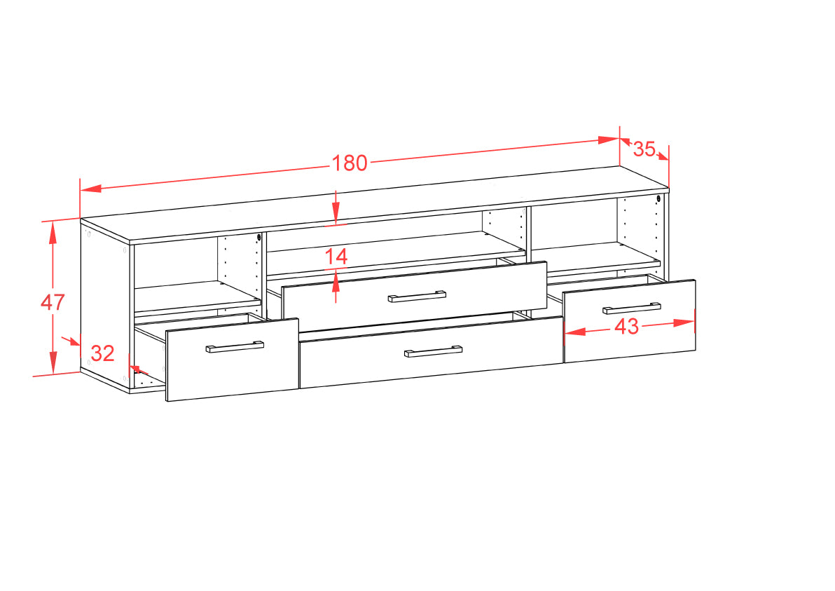 Lowboard - Azula - Design Holzdekor - Wandmontage mit Griffe 180 cm Weiss