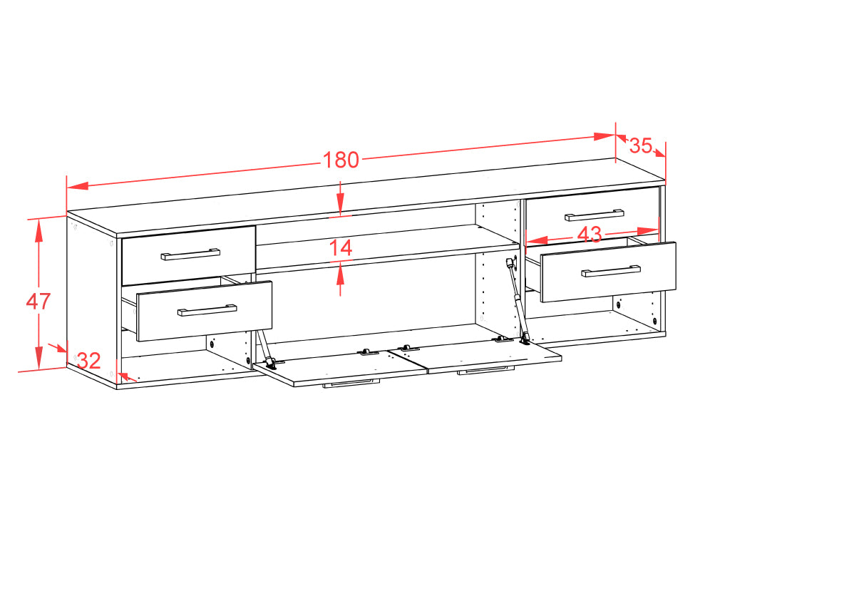 Lowboard - Barbara - Design Farbakzent - Wandmontage mit Griffe 180 cm Weiss