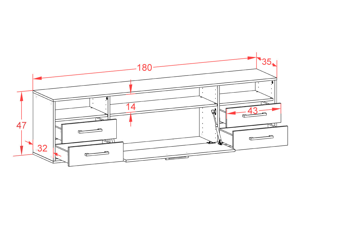 Lowboard - Belinda - Design Holzdekor - Wandmontage mit Griffe 180 cm Weiss