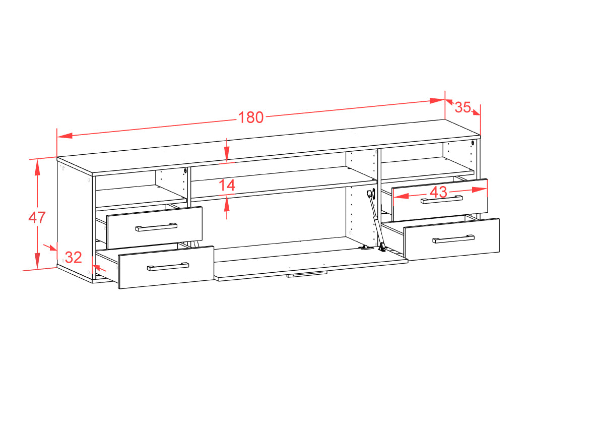 Lowboard - Bella - Design Farbakzent - Wandmontage mit Griffe 180 cm Weiss