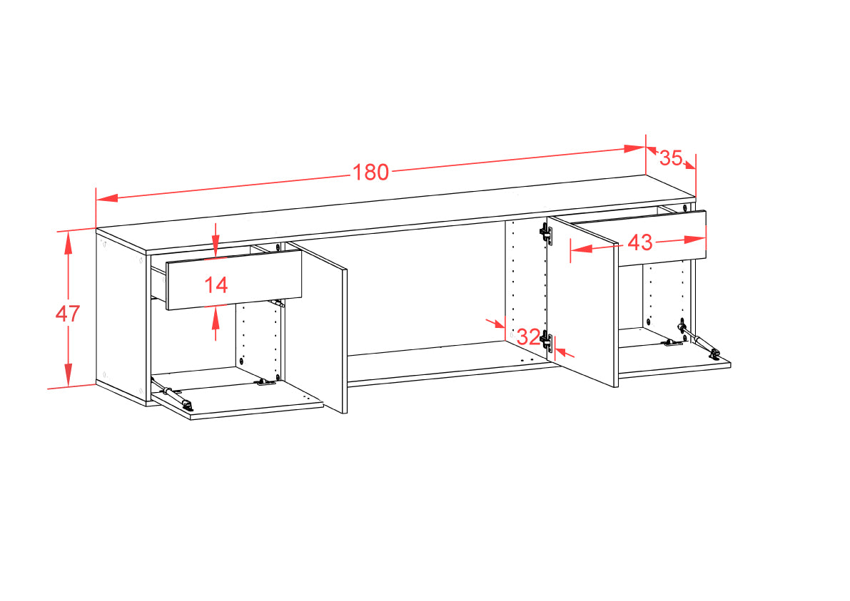 Lowboard - Benedetta - Design Farbakzent - Wandmontage mit Griffe 180 cm Weiss