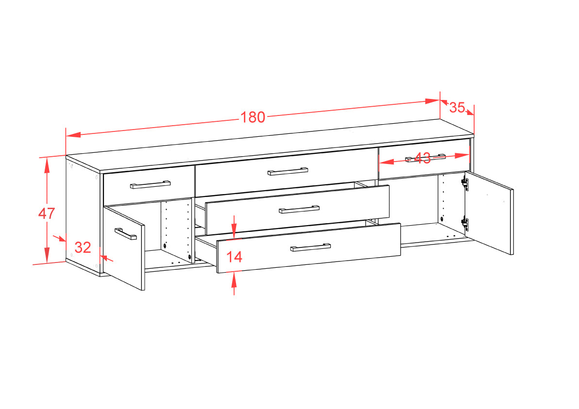 Lowboard - Benita - Design Holzdekor - Wandmontage mit Griffe 180 cm Weiss