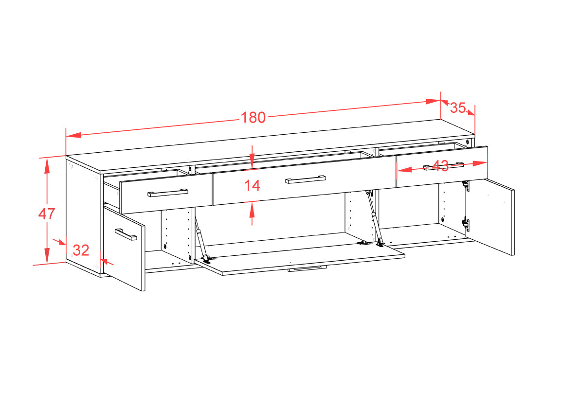 Lowboard - Beppa - Design Hochglanz - Wandmontage mit Griffe 180 cm Weiss