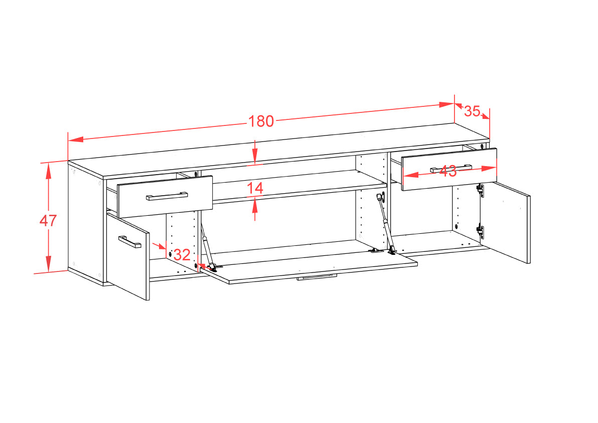 Lowboard - Bernadetta - Design Farbakzent - Wandmontage mit Griffe 180 cm Weiss