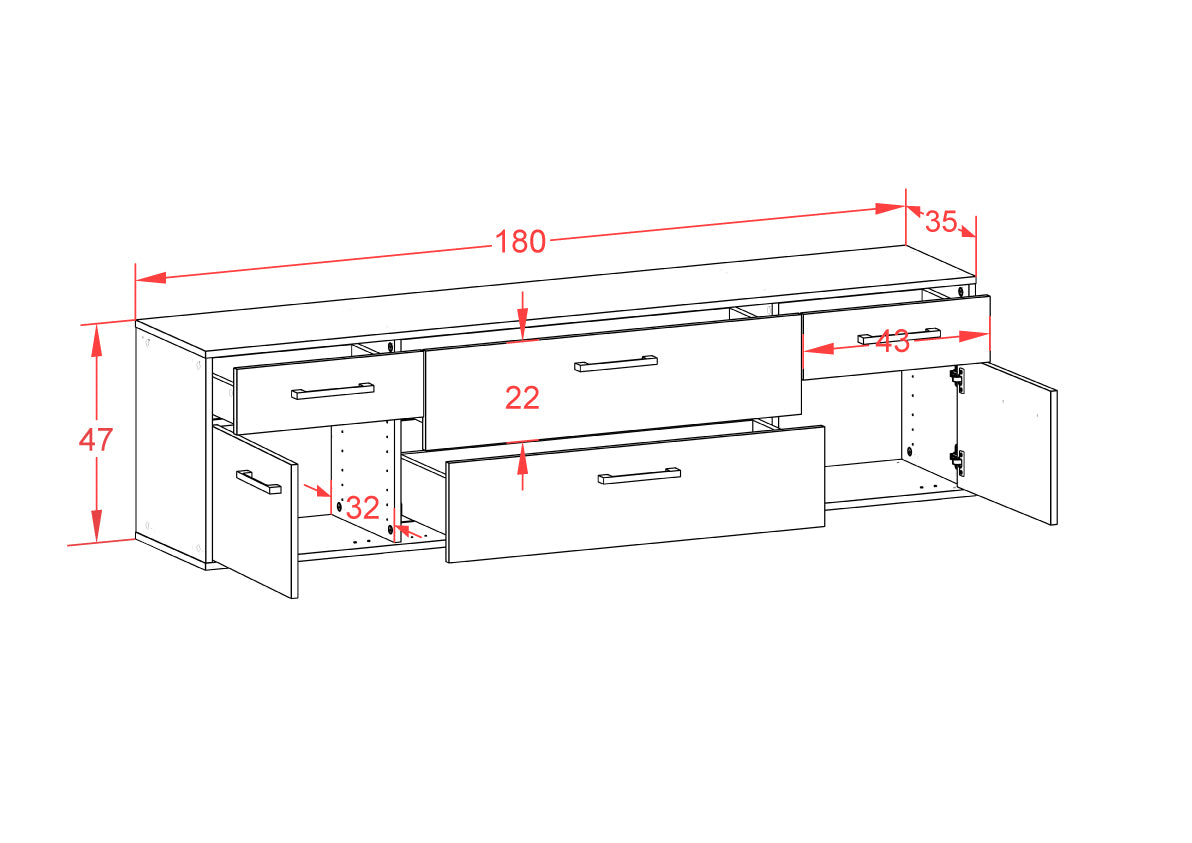 Lowboard - Bibiane - Design Hochglanz - Wandmontage mit Griffe 180 cm Weiss