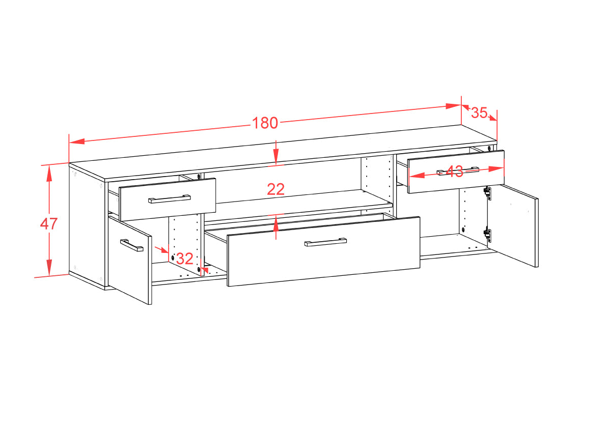 Lowboard - Biggi - Design Hochglanz - Wandmontage mit Griffe 180 cm Weiss