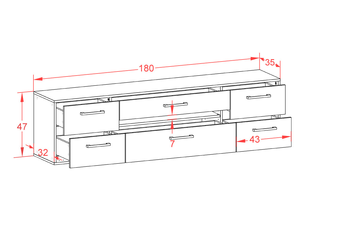 Lowboard - Bjonda - Design Holzdekor - Wandmontage mit Griffe 180 cm Weiss