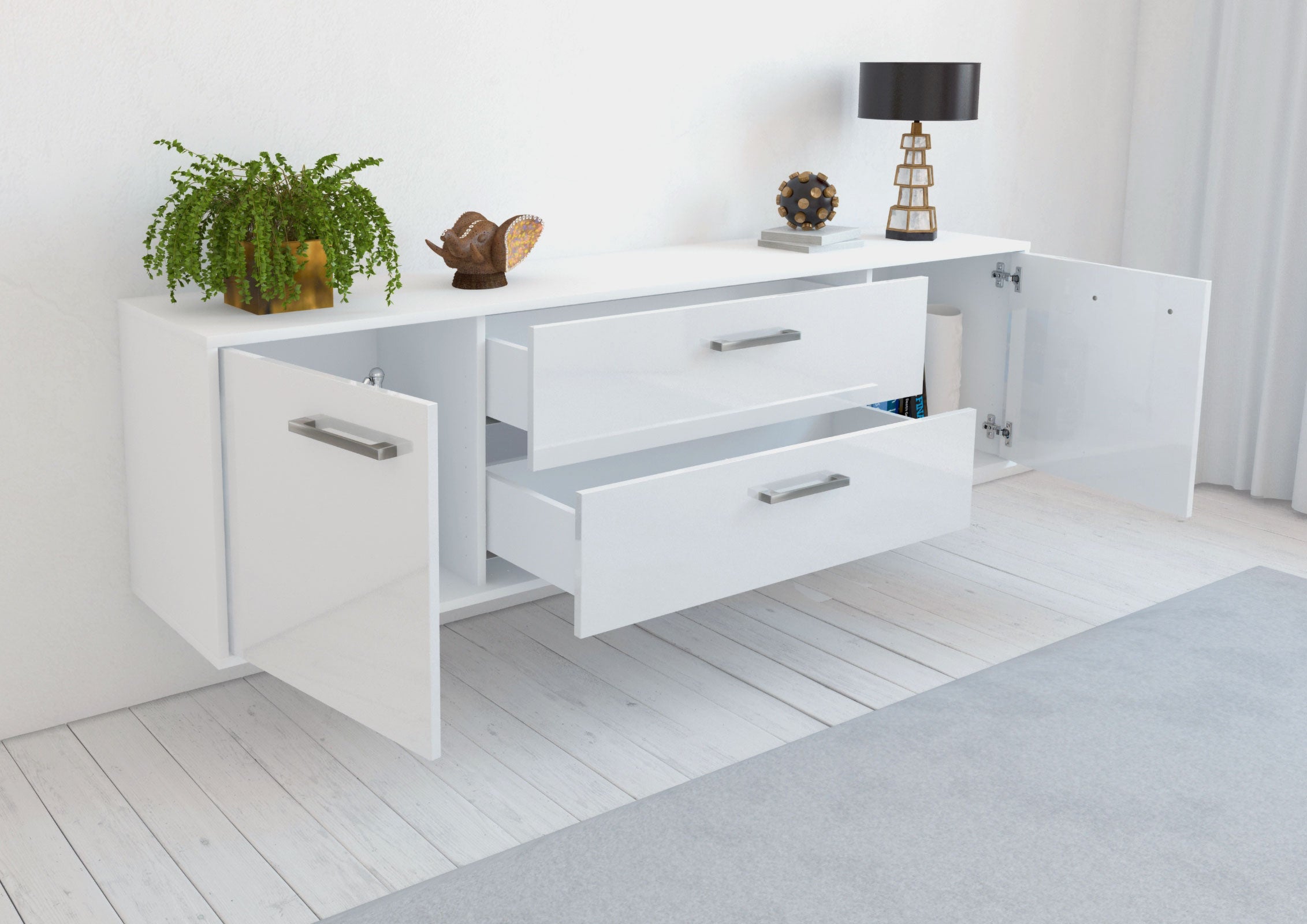 Lowboard - Aquilina - Design Hochglanz - Wandmontage mit Griffe 180 cm Weiss