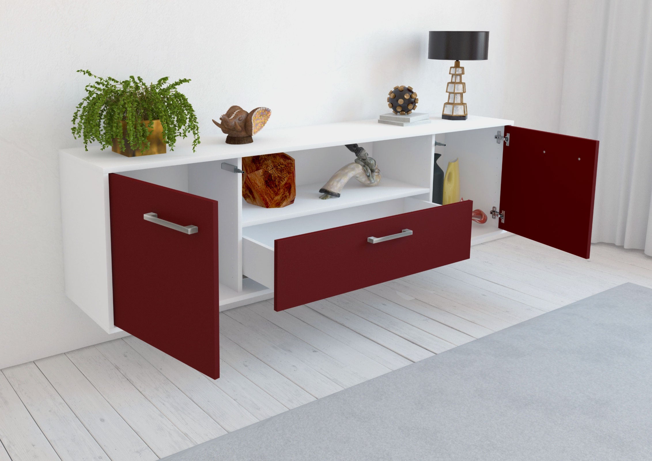 Lowboard - Arbnora - Design Farbakzent - Wandmontage mit Griffe 180 cm Weiss