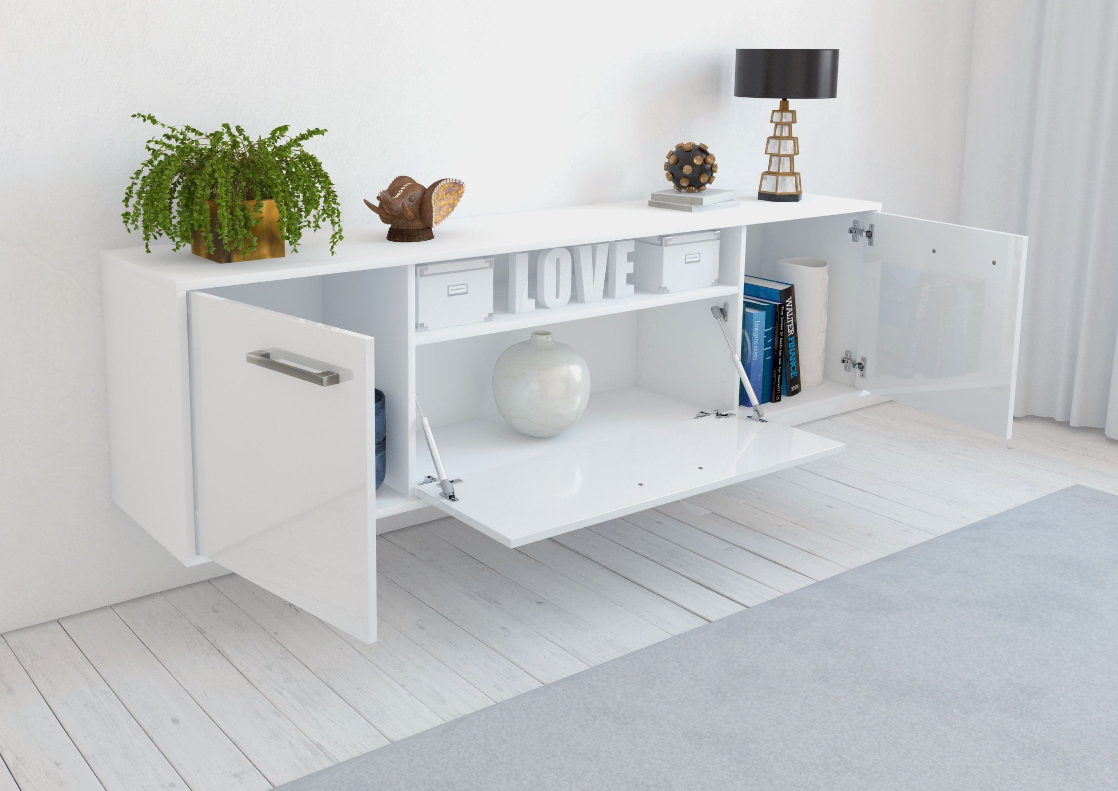 Lowboard - Ariana - Design Hochglanz - Wandmontage mit Griffe 180 cm Weiss