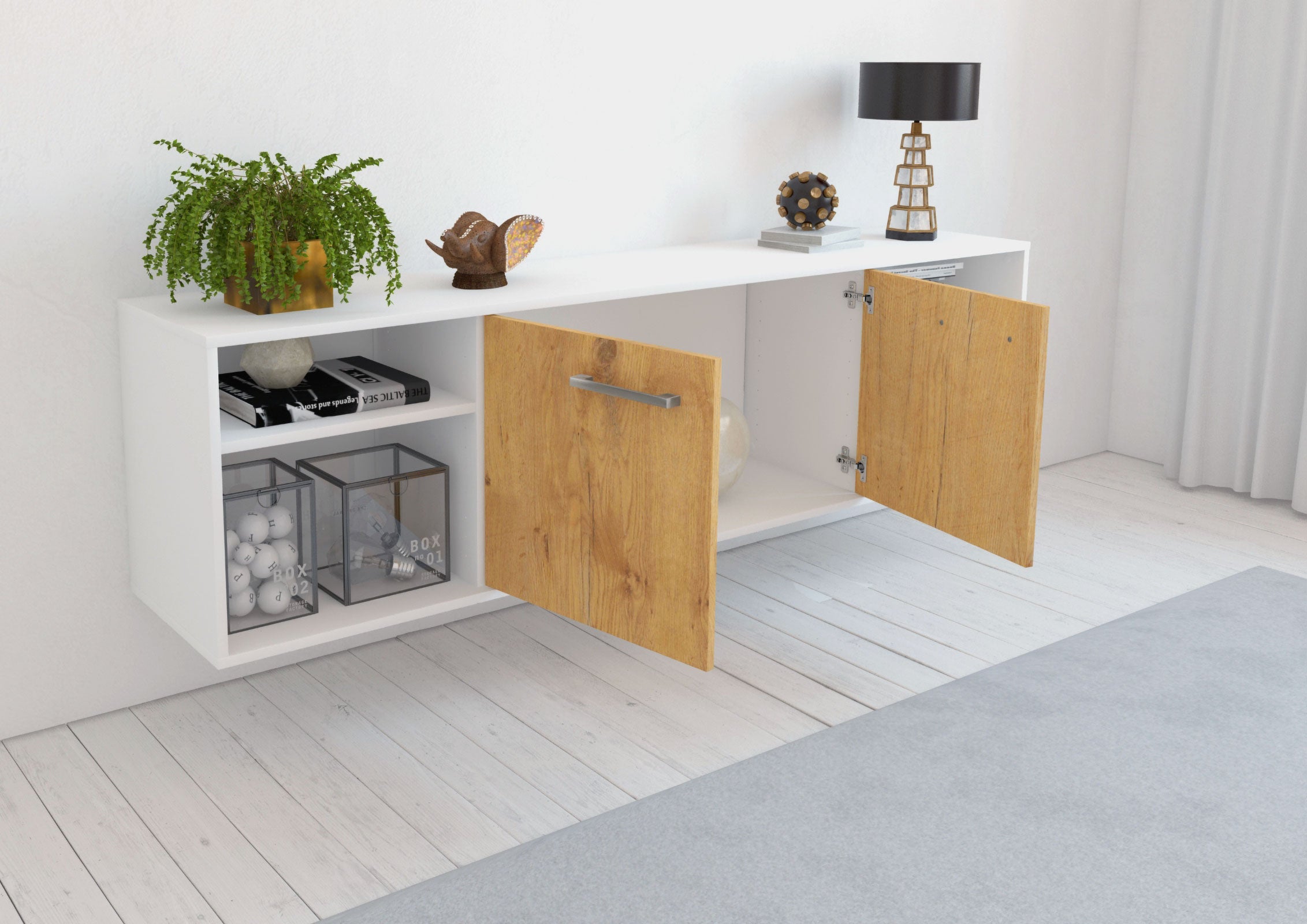 Lowboard - Asimo - Design Holzdekor - Wandmontage mit Griffe 180 cm Weiss