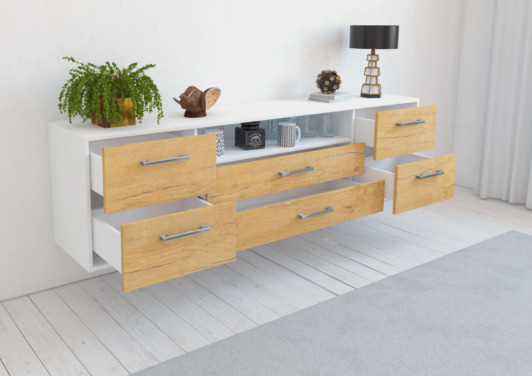 Lowboard - Aurora - Design Holzdekor - Wandmontage mit Griffe 180 cm Weiss