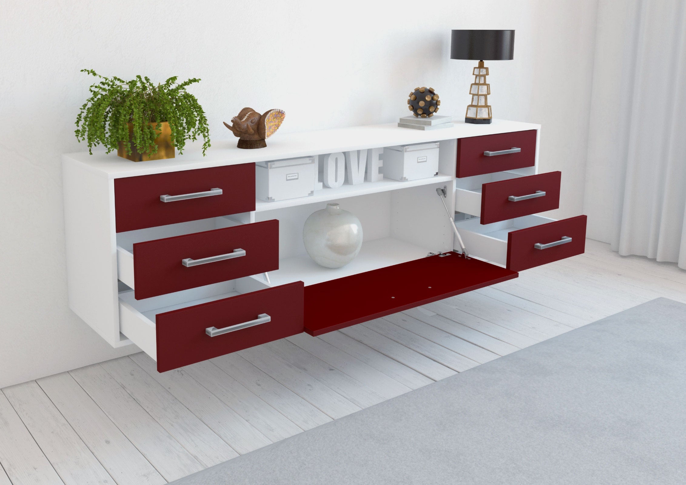 Lowboard - Beatrice - Design Farbakzent - Wandmontage mit Griffe 180 cm Weiss