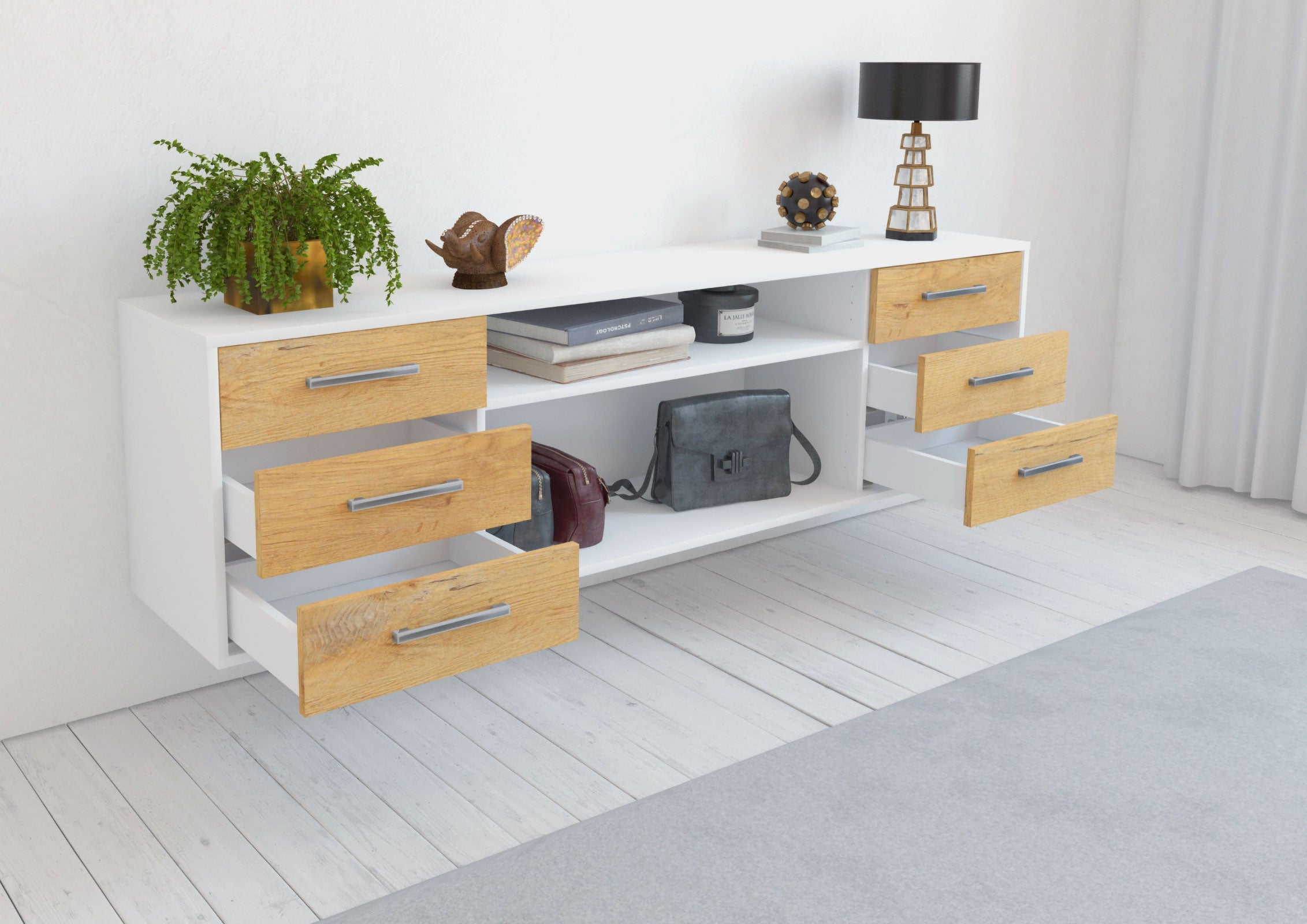 Lowboard - Belinda - Design Holzdekor - Wandmontage mit Griffe 180 cm Weiss