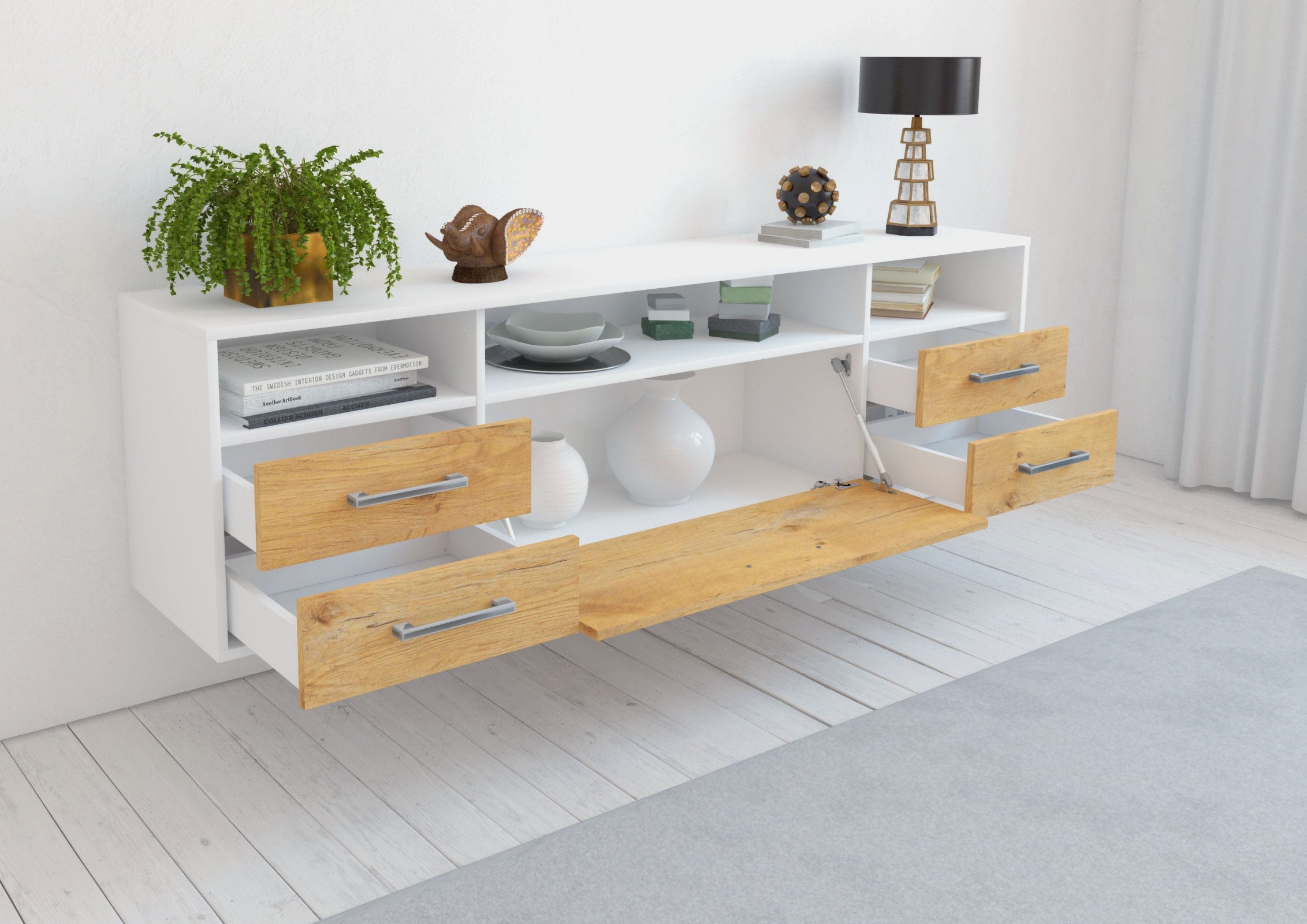 Lowboard - Bella - Design Holzdekor - Wandmontage mit Griffe 180 cm Weiss