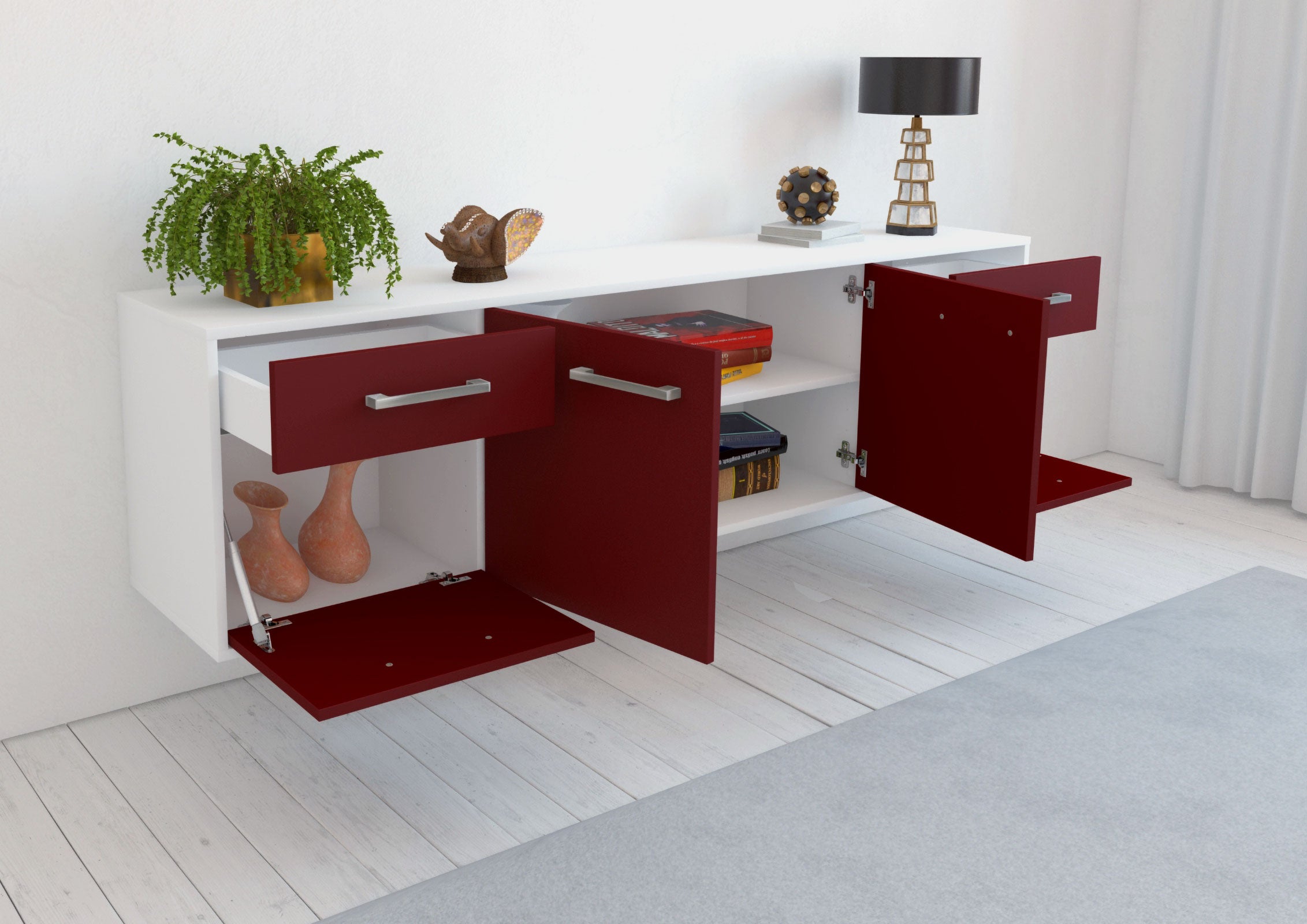 Lowboard - Benedetta - Design Farbakzent - Wandmontage mit Griffe 180 cm Weiss