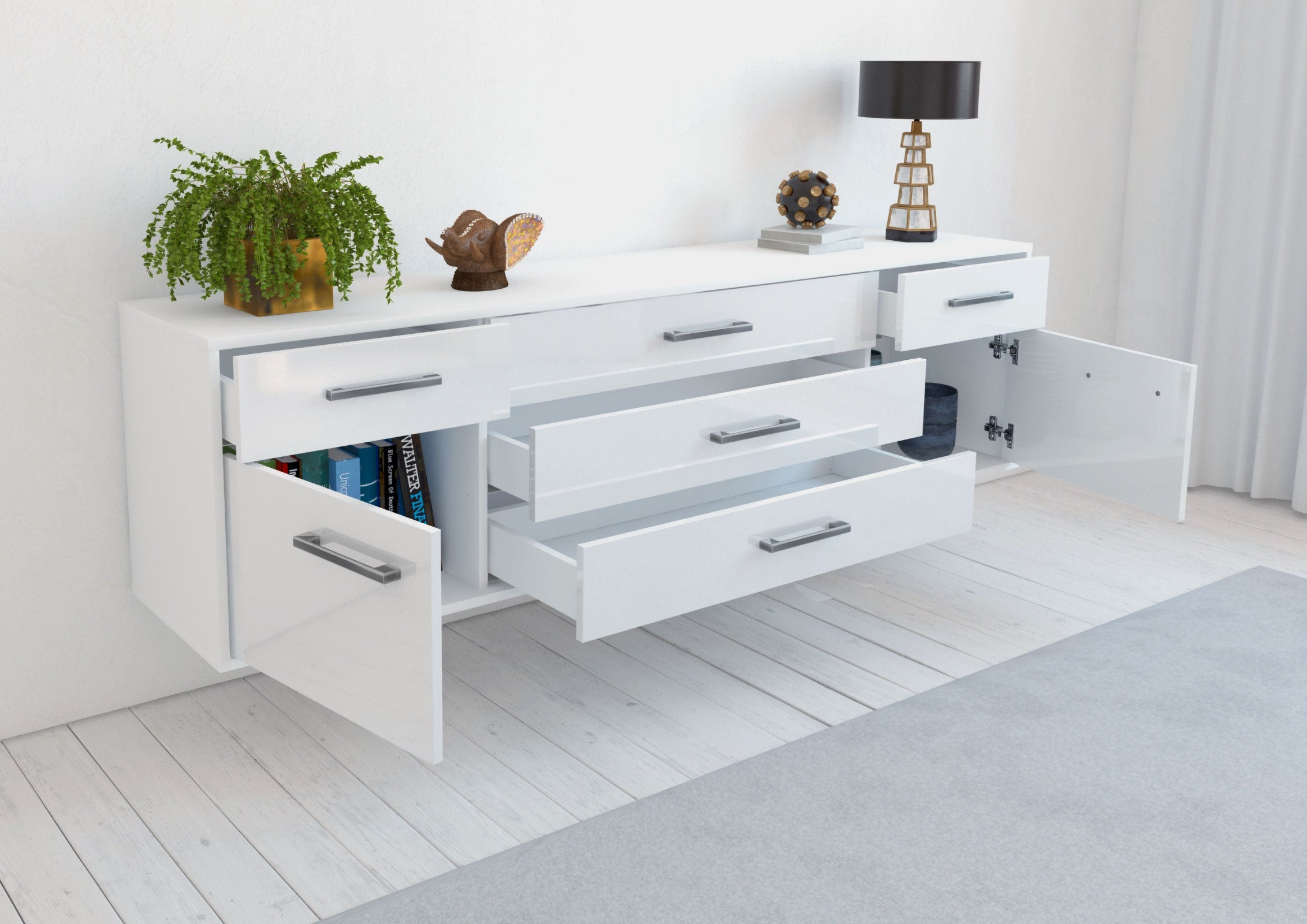 Lowboard - Benita - Design Hochglanz - Wandmontage mit Griffe 180 cm Weiss