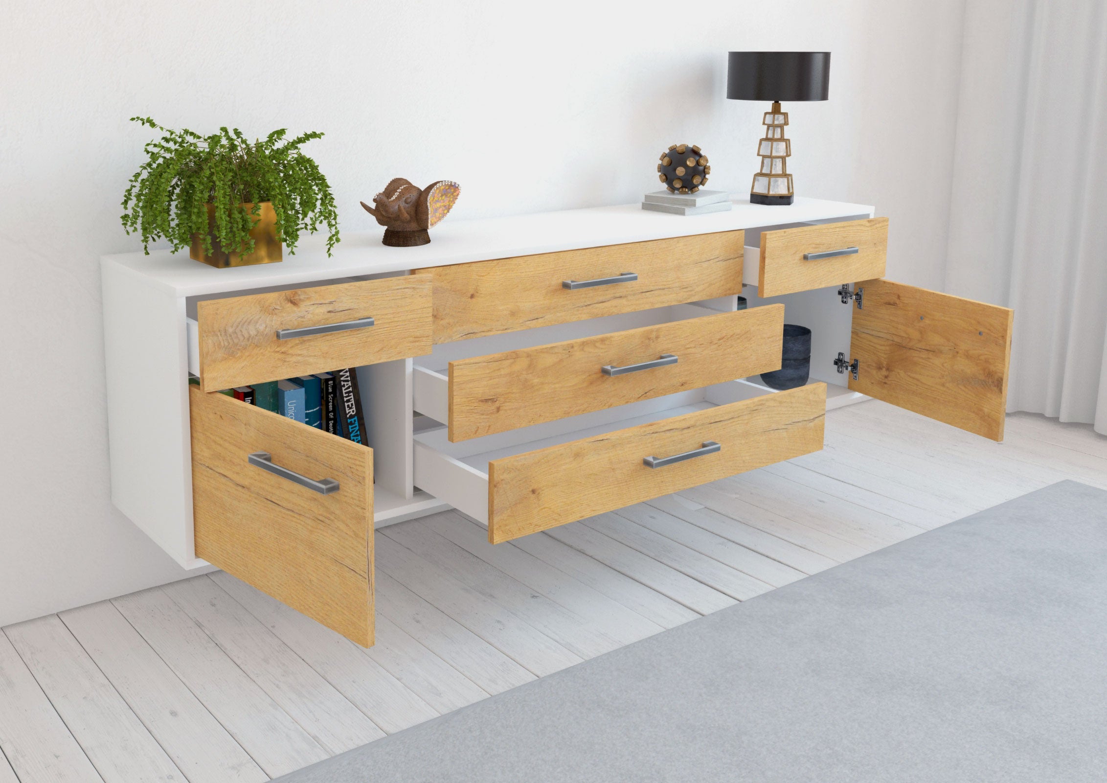 Lowboard - Benita - Design Holzdekor - Wandmontage mit Griffe 180 cm Weiss