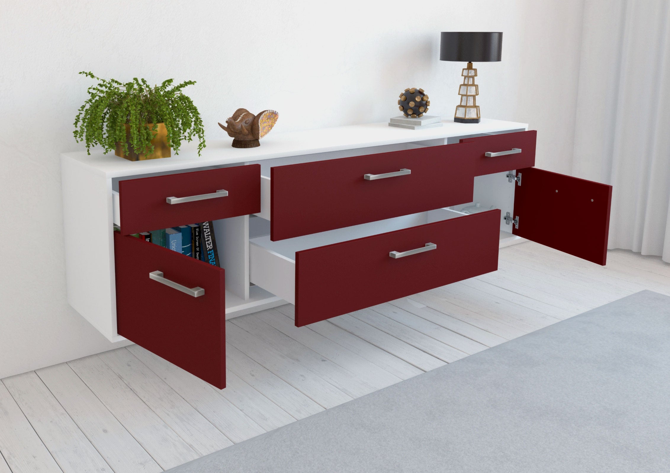 Lowboard - Bibiane - Design Farbakzent - Wandmontage mit Griffe 180 cm Weiss
