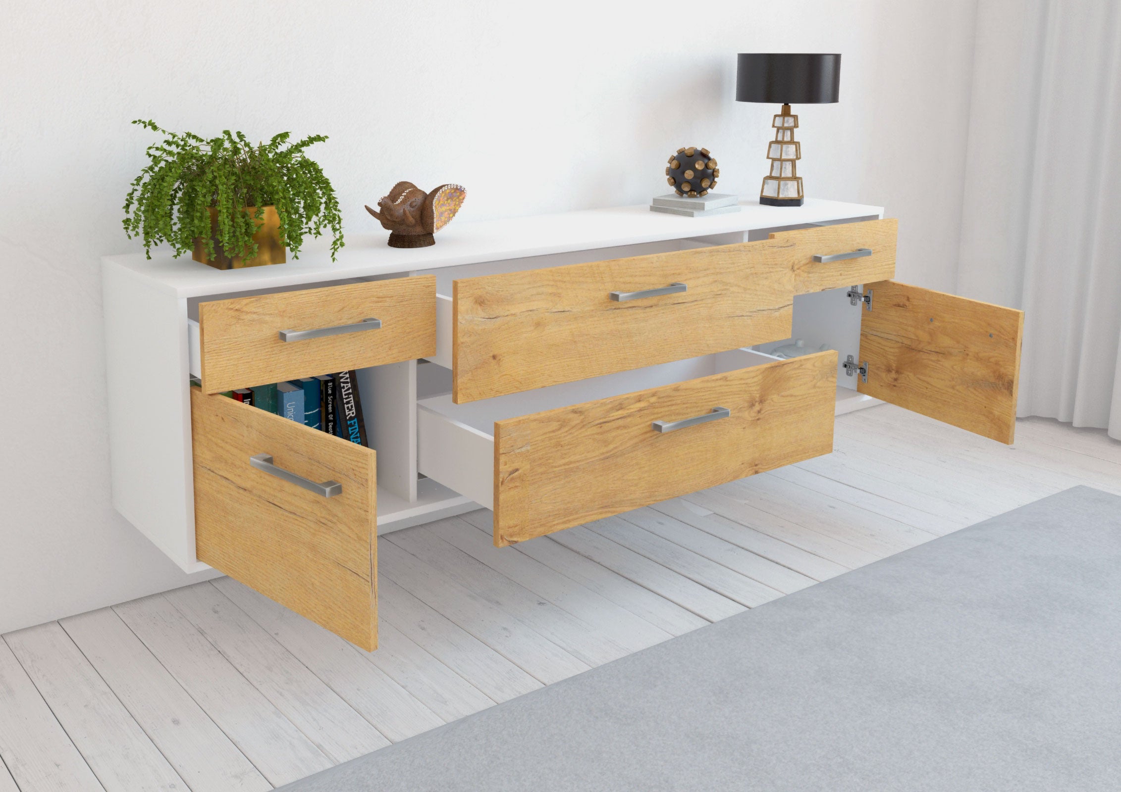 Lowboard - Bibiane - Design Holzdekor - Wandmontage mit Griffe 180 cm Weiss