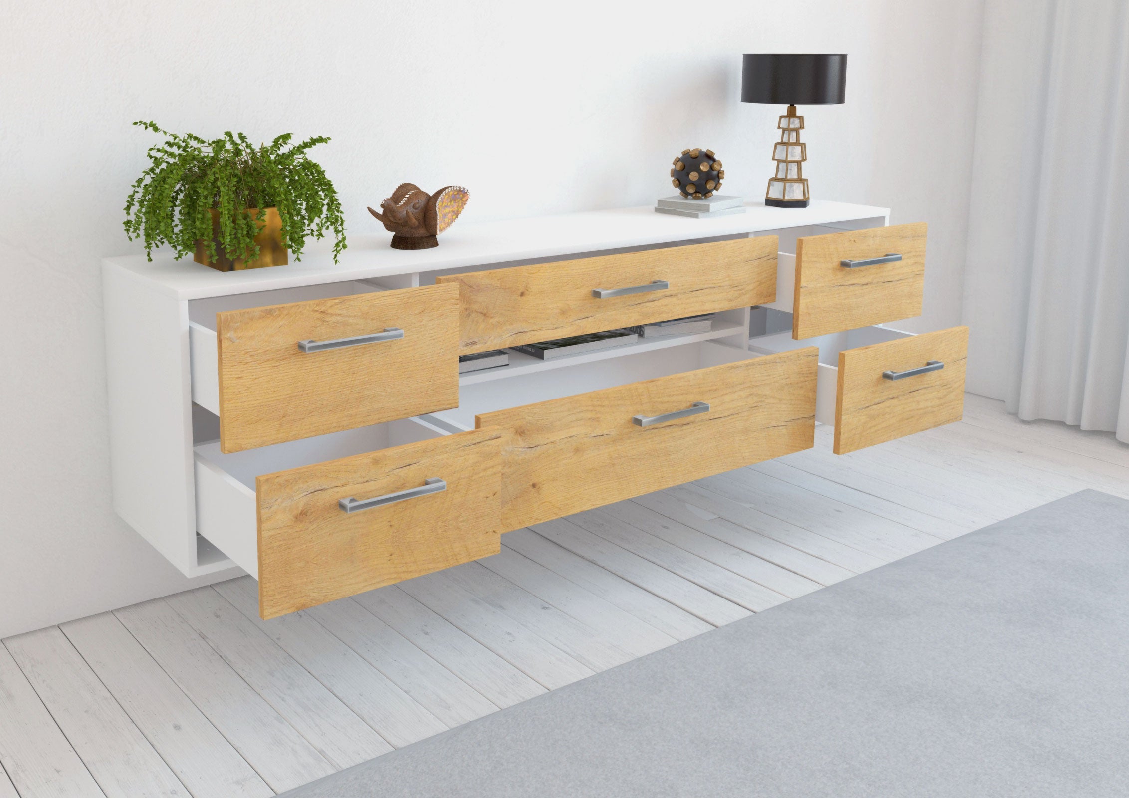 Lowboard - Bjonda - Design Holzdekor - Wandmontage mit Griffe 180 cm Weiss