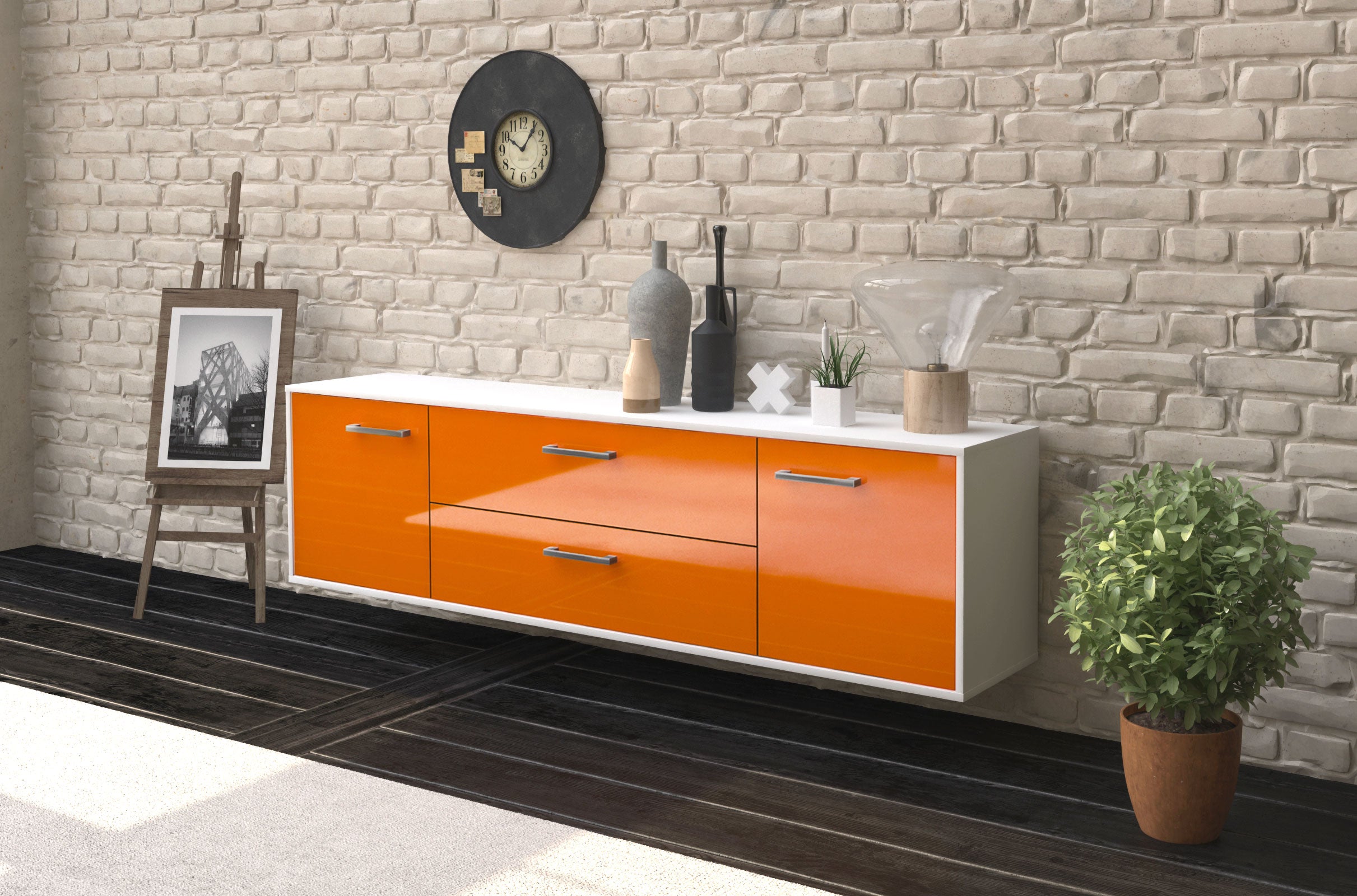 Lowboard - Aquilina - Design Hochglanz - Wandmontage mit Griffe 180 cm Weiss