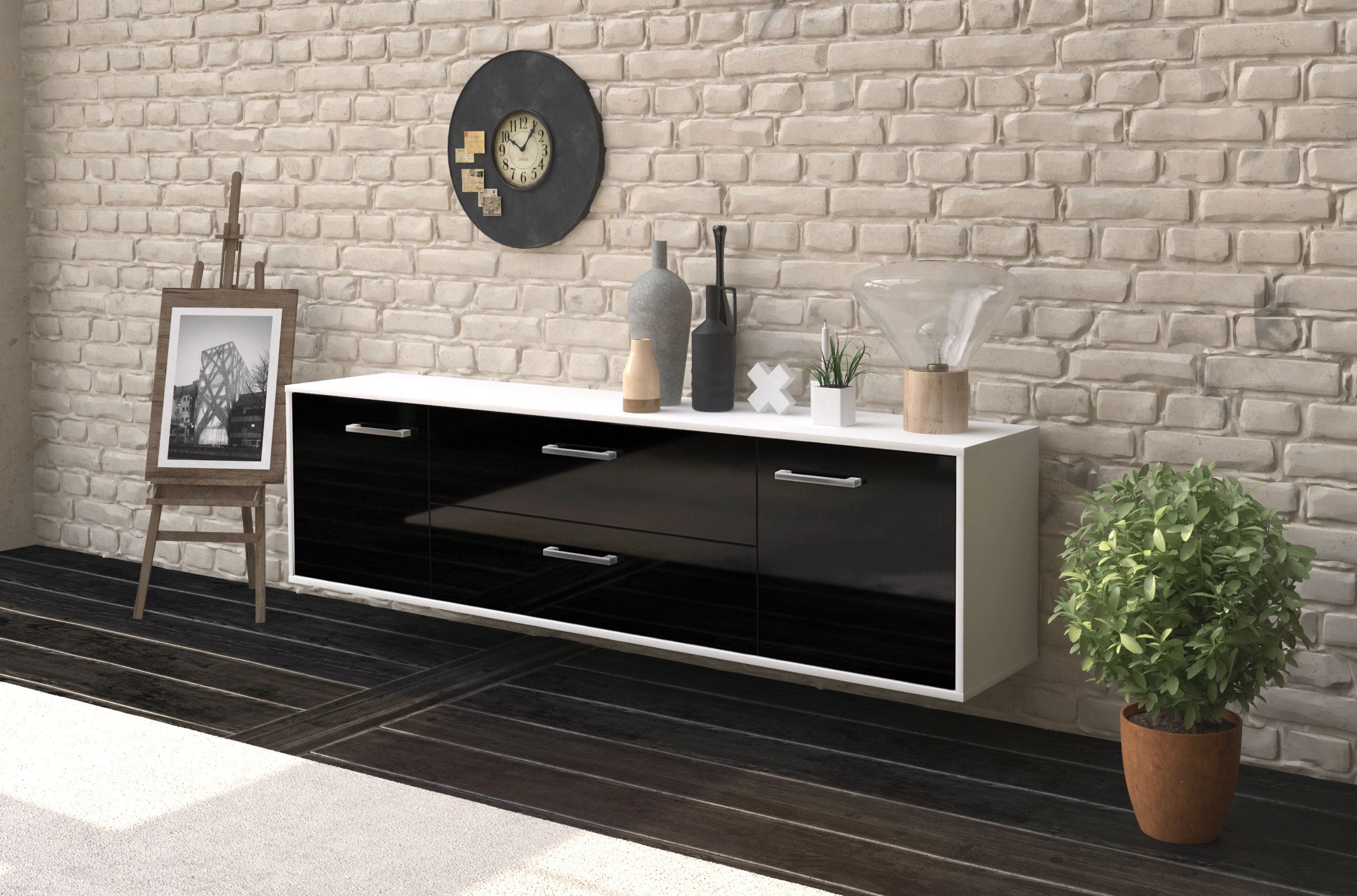 Lowboard - Aquilina - Design Hochglanz - Wandmontage mit Griffe 180 cm Weiss