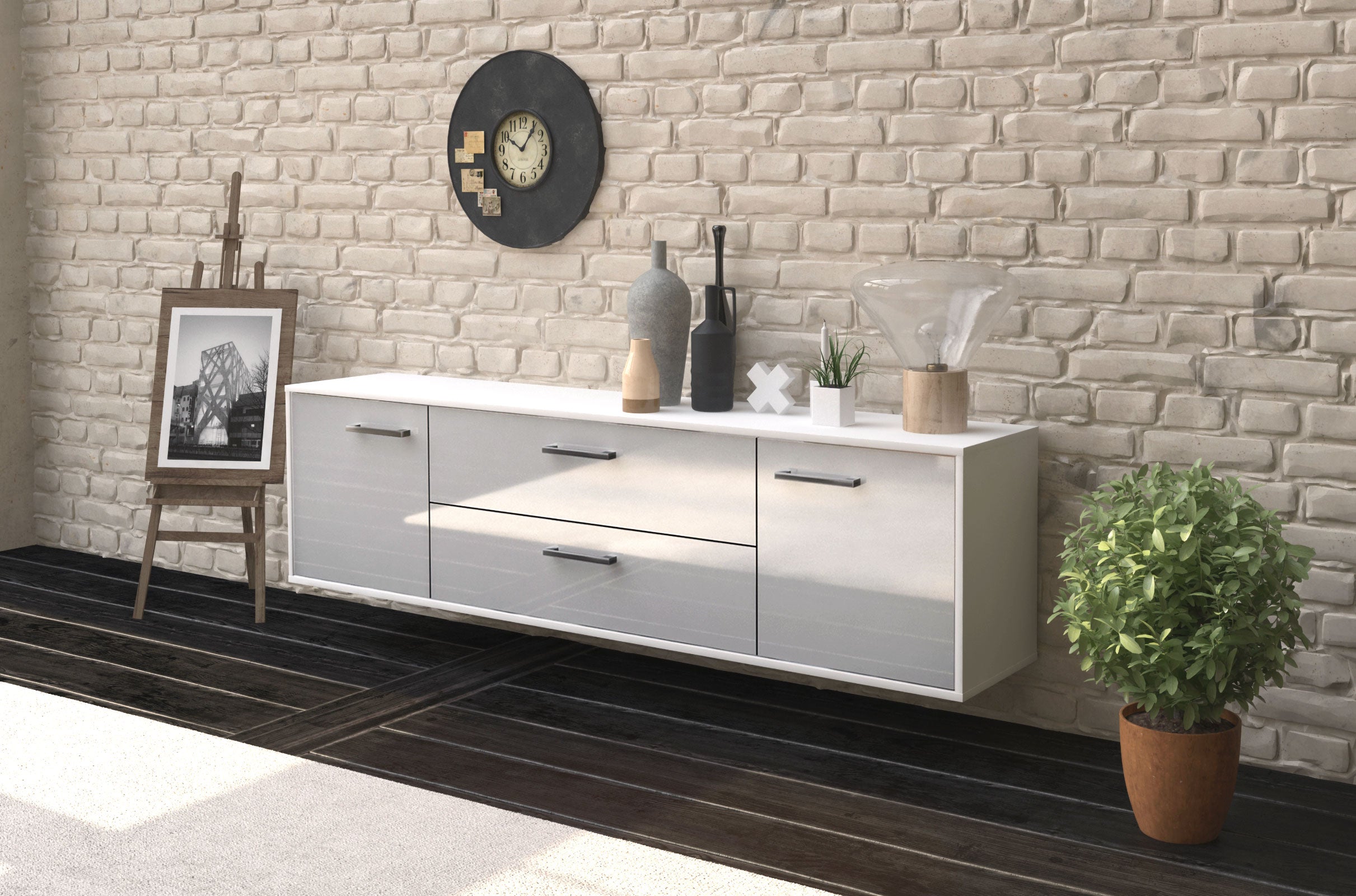 Lowboard - Aquilina - Design Hochglanz - Wandmontage mit Griffe 180 cm Weiss