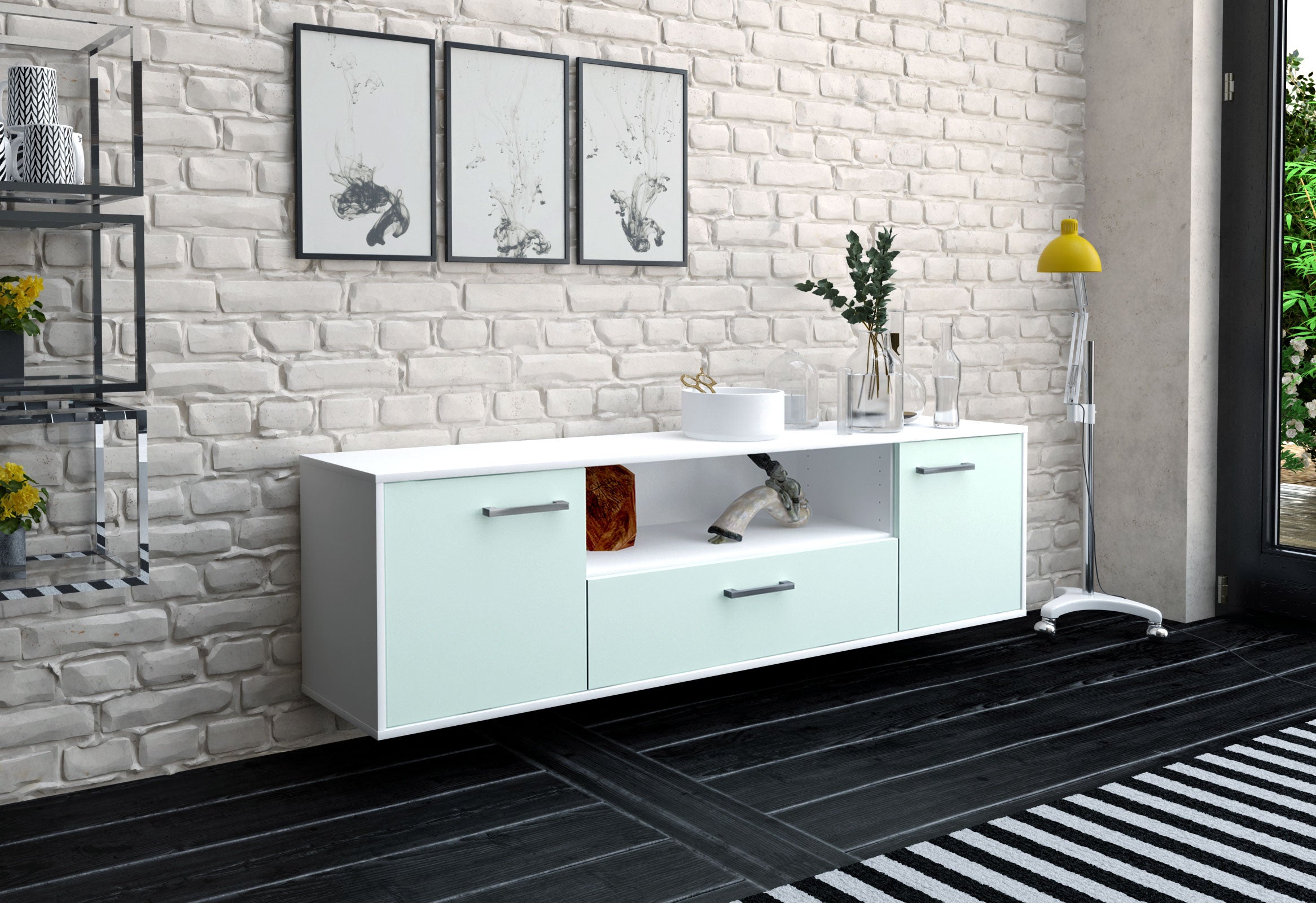 Lowboard - Arbnora - Design Farbakzent - Wandmontage mit Griffe 180 cm Weiss