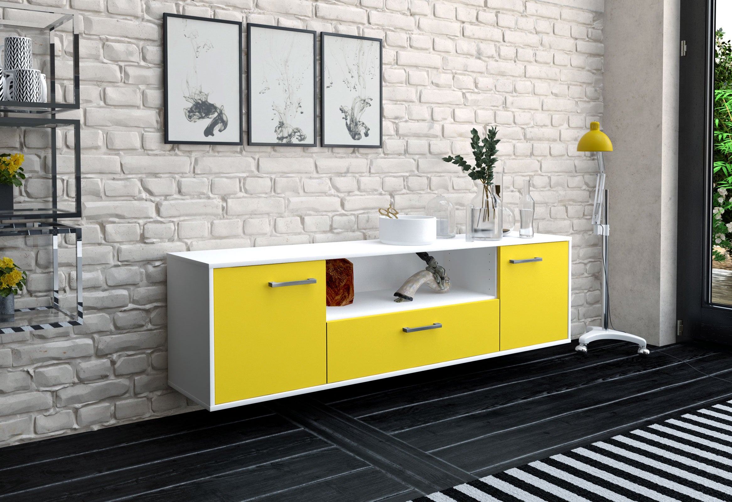 Lowboard - Arbnora - Design Farbakzent - Wandmontage mit Griffe 180 cm Weiss
