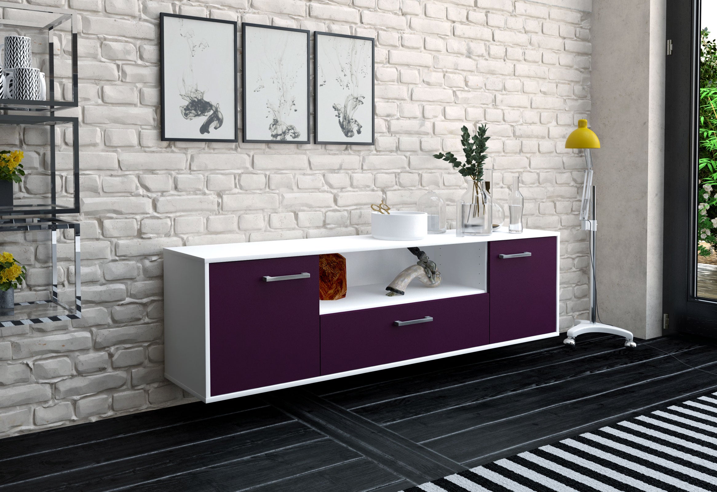 Lowboard - Arbnora - Design Farbakzent - Wandmontage mit Griffe 180 cm Weiss