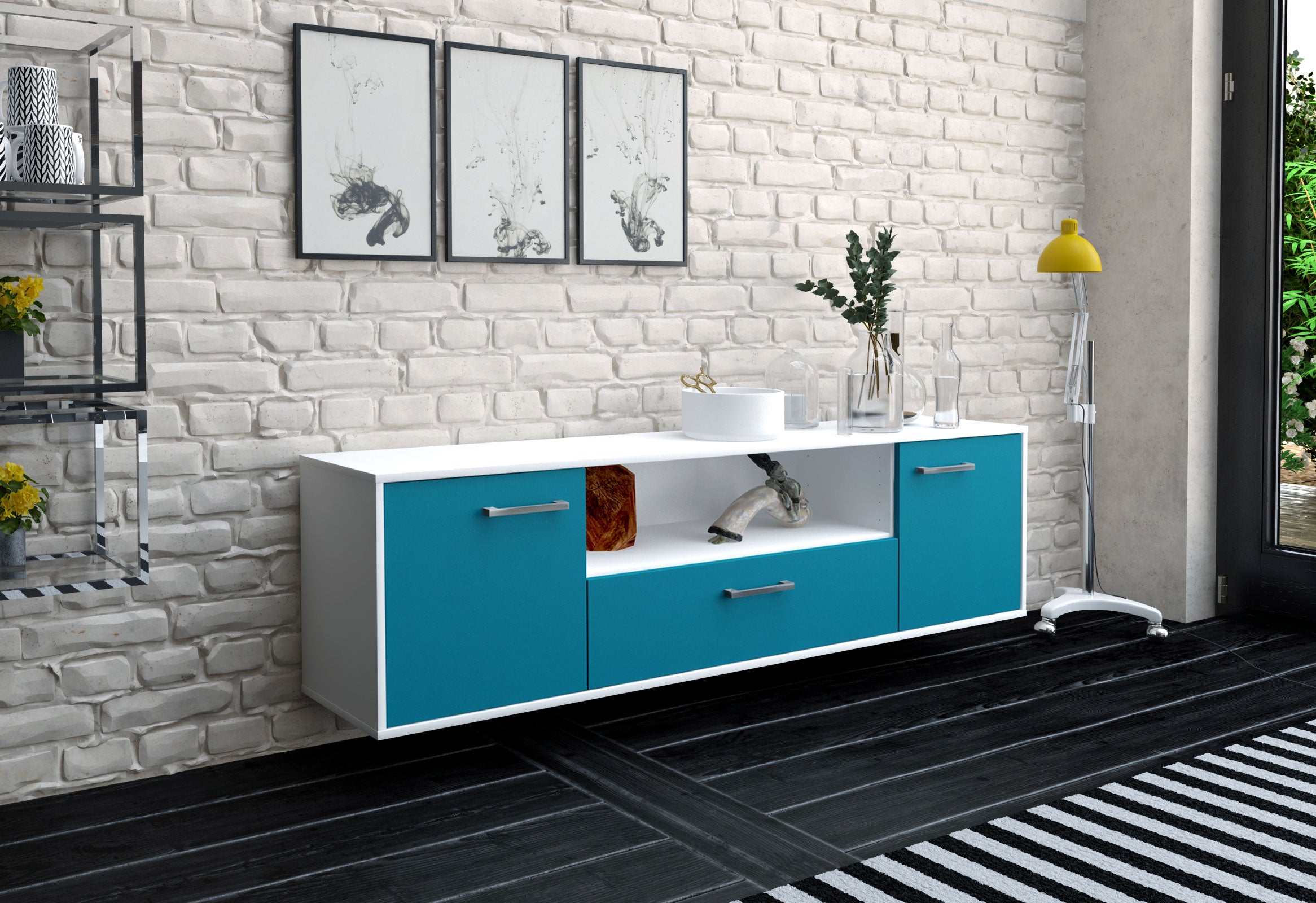 Lowboard - Arbnora - Design Farbakzent - Wandmontage mit Griffe 180 cm Weiss